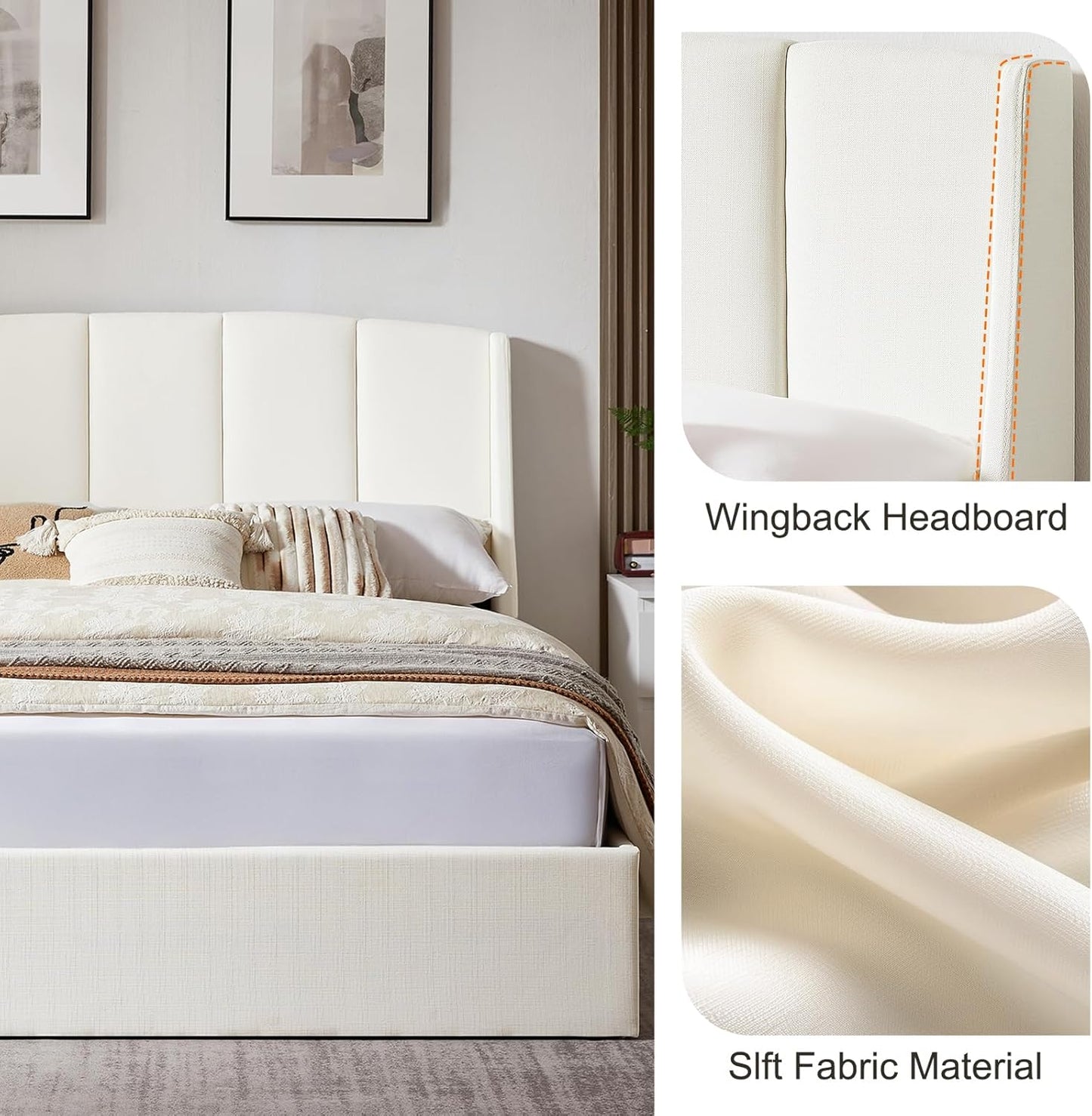 VELOCAVA Lift Up Storage Bed, Soft Upholstered Beds with Hydraulic Mechanism, Modern Wingback Headboard with Vertical Channel Design, Wooden Slat Support, Easy Assembly, White