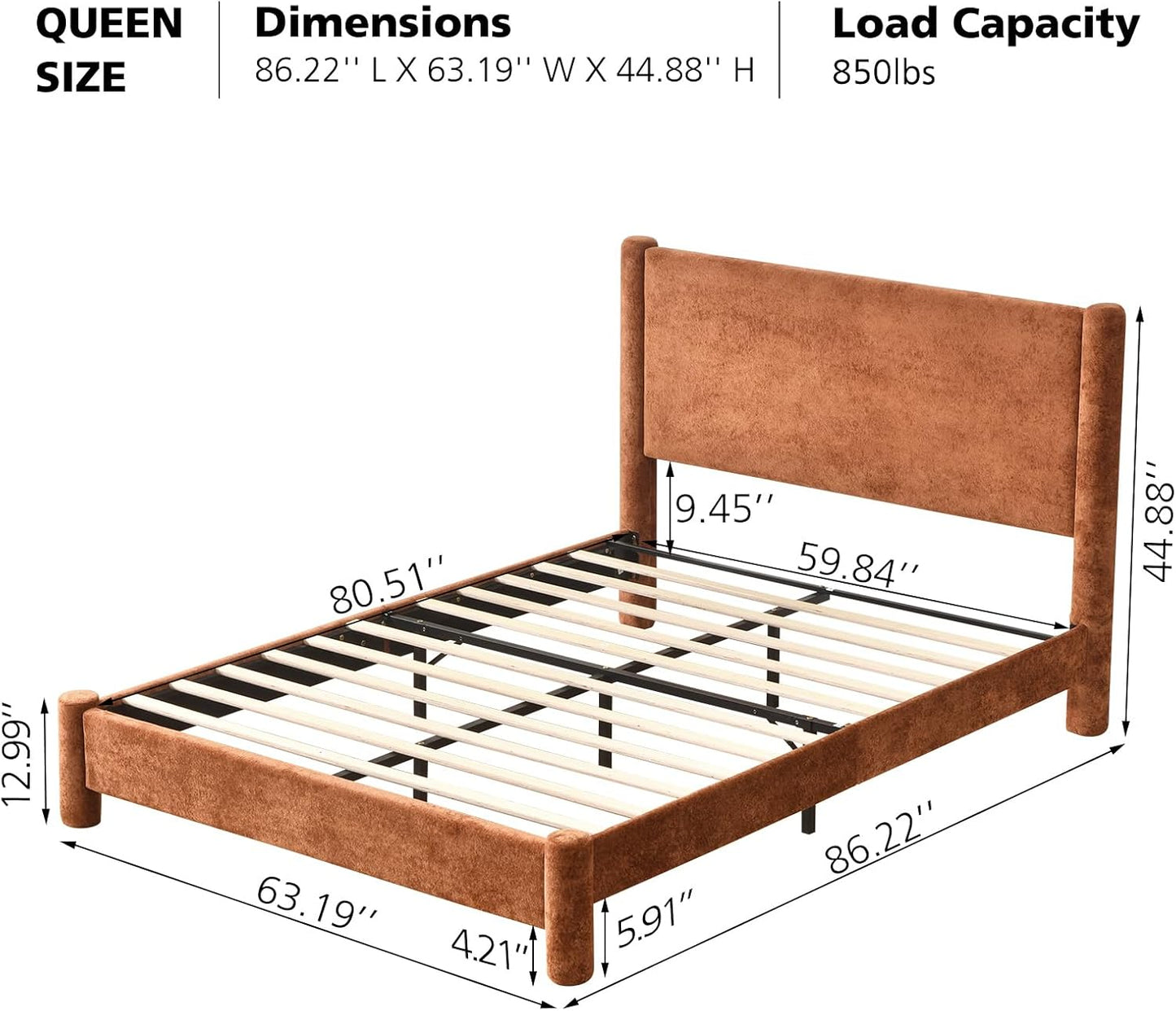 VELOCAVA Upholstered Platform Bed Frame with Soft Rounded Corners, 44.88" Tall Headboard, Luxury Plush Velvet Upholstery, 11 Slats &amp; 5 Center Legs, No Box Spring Needed, Rust Orange