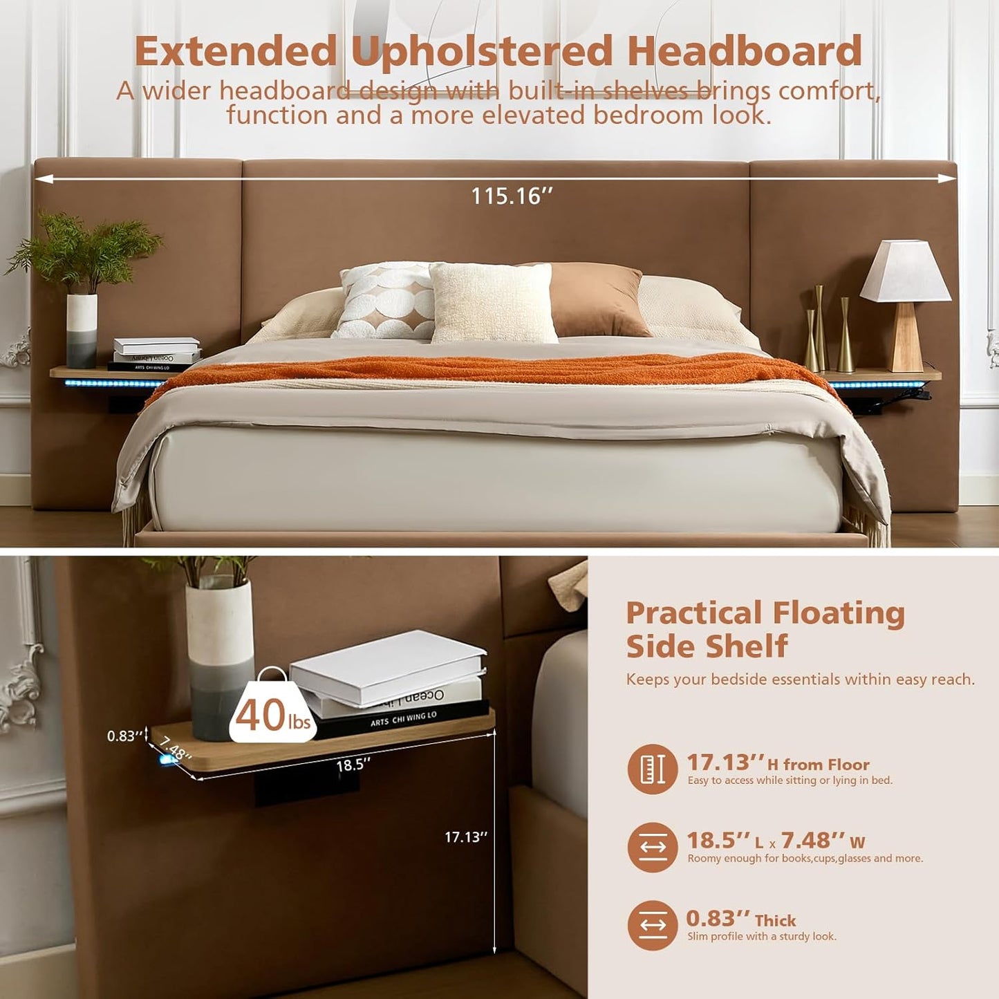 VELOCAVA Lift Up Storage Bed Frame with Extended Upholstered Headboard, Floating Side Shelves, LED Lighting, Charging Station, Hydraulic Lift, No Box Spring Needed, Camel Brown