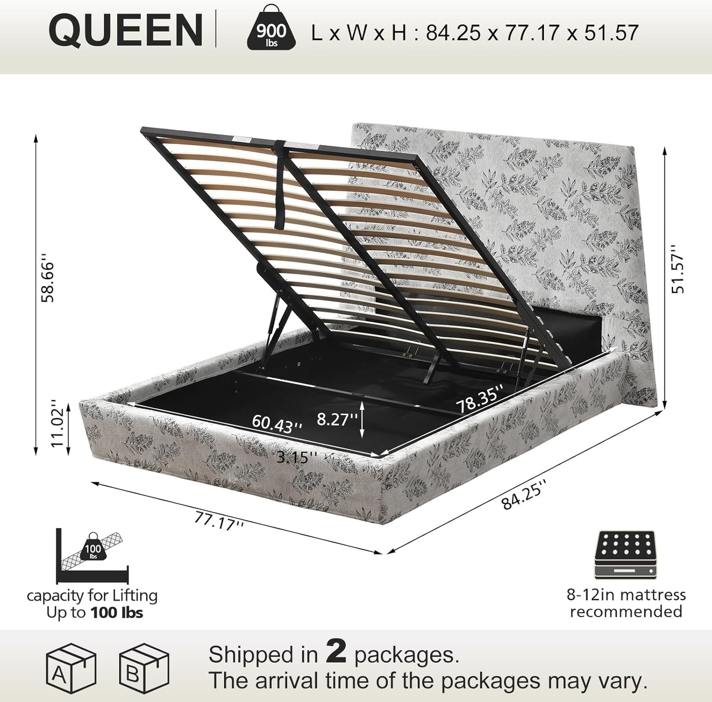 VELOCAVA Lift-Up Storage Bed, Modern Upholstered Bed with 51.57" Tall Headboard and Sleek Tapered Silhouette, Hydraulic Lift Platform, No Box Spring Needed, Floral Pattern Fabric