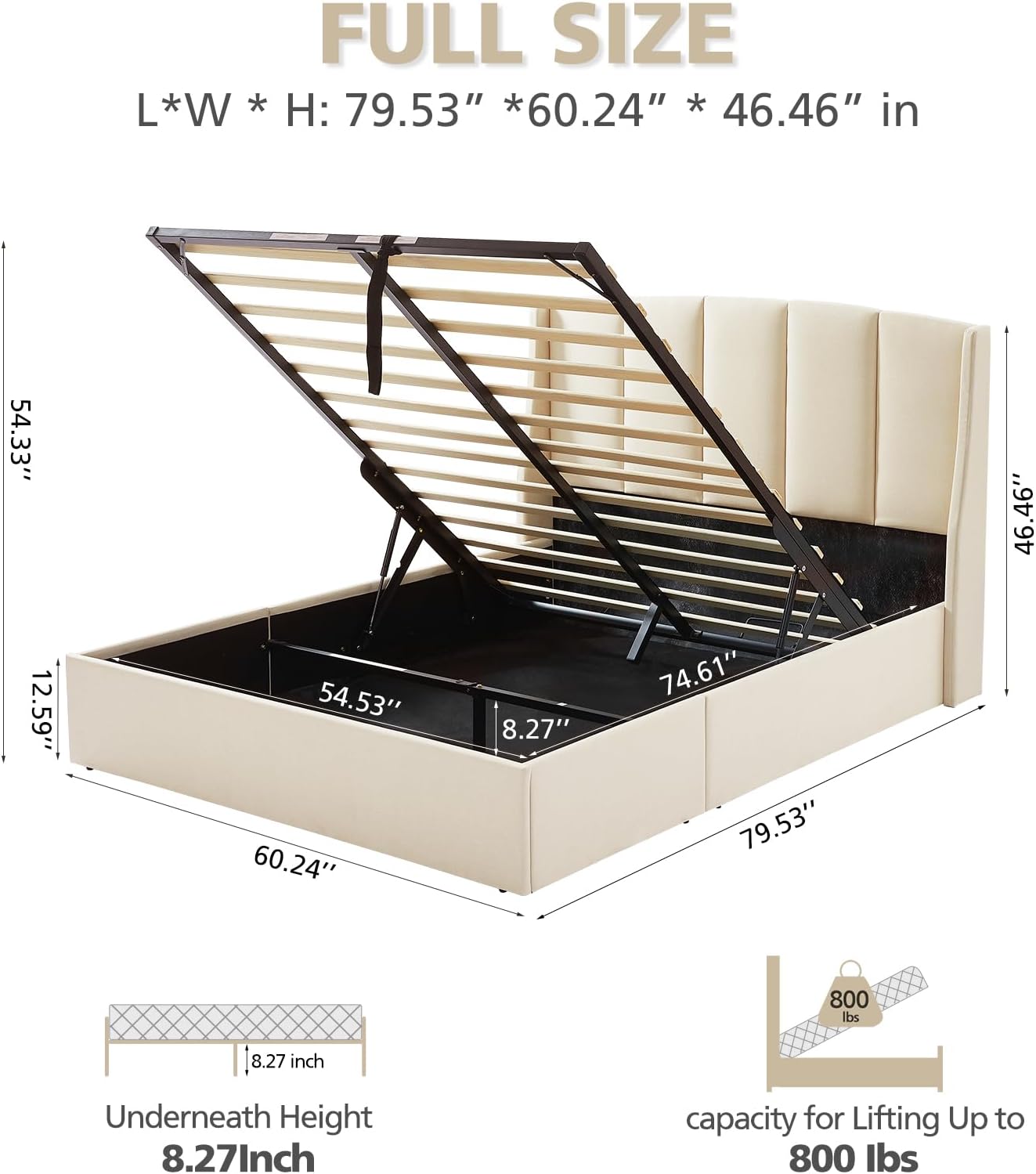 VELOCAVA Lift Up Storage Bed, Soft Upholstered Beds with Hydraulic Mechanism, Modern Wingback Headboard with Vertical Channel Design, Wooden Slat Support, Easy Assembly, Beige