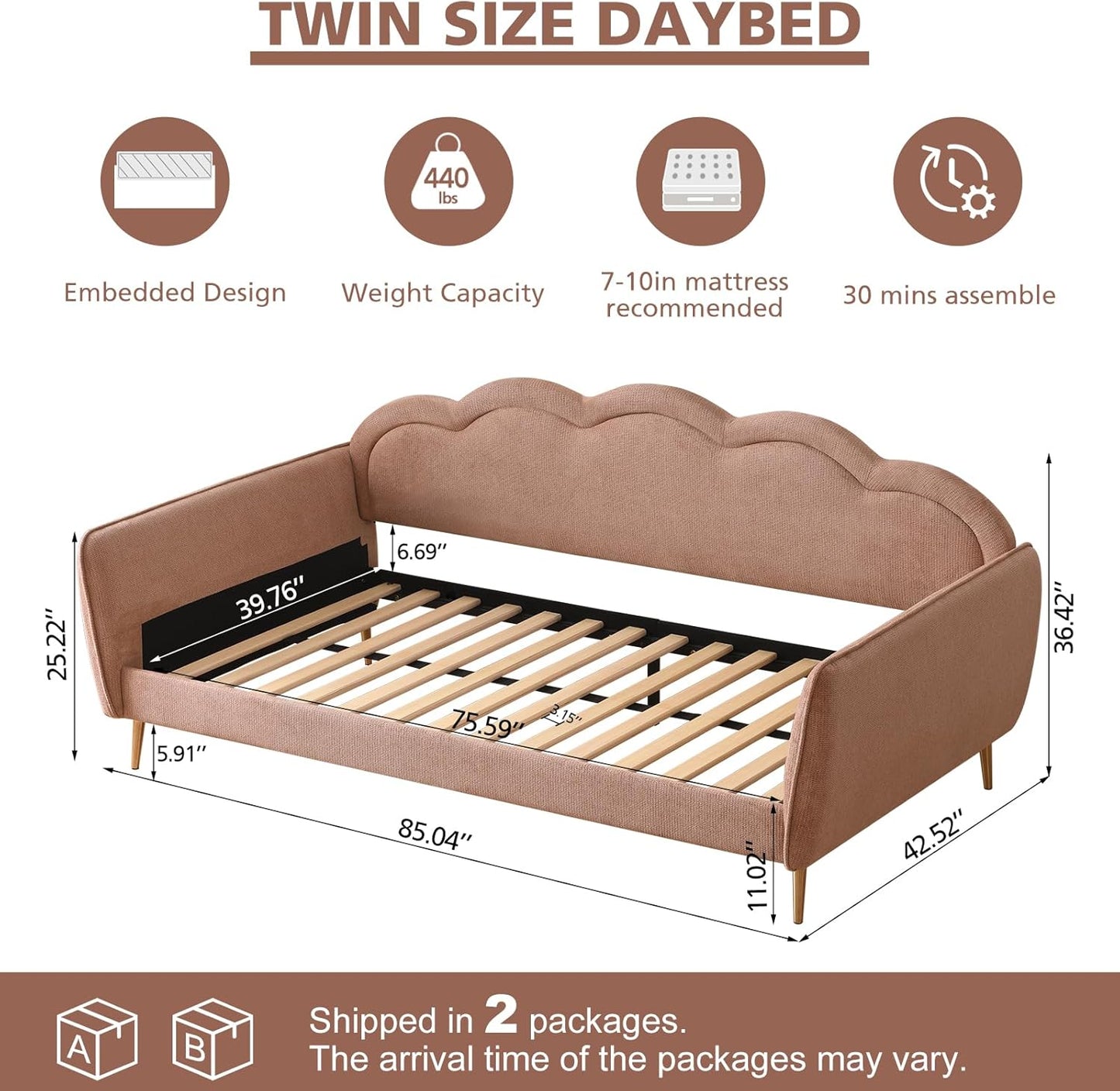 VELOCAVA Twin Size Upholstered Daybed with Cloud-Shaped Backrest, Modern Linen Sofa Bed with Metal Legs, Wood Slat Support for Bedroom, Living Room, Guest Room, Blush Pink