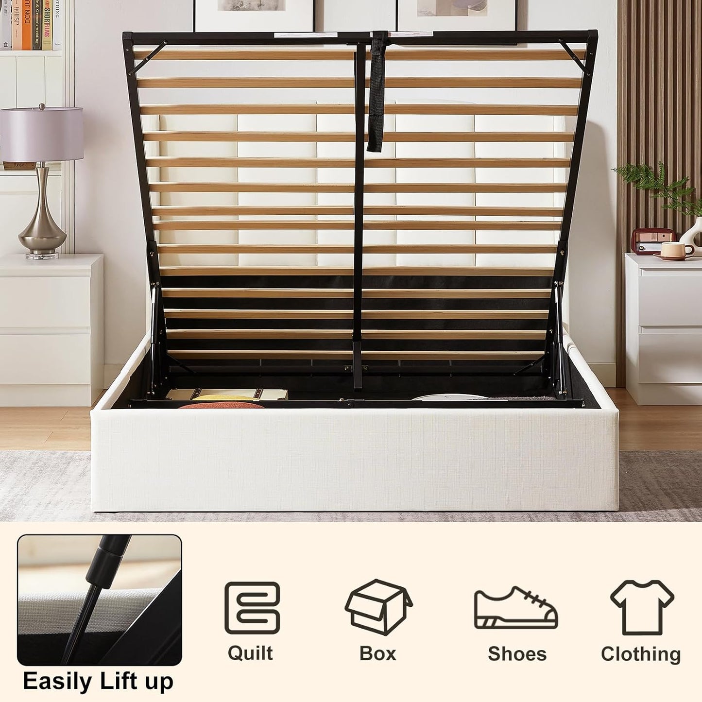 VELOCAVA Lift Up Storage Bed, Soft Upholstered Beds with Hydraulic Mechanism, Modern Wingback Headboard with Vertical Channel Design, Wooden Slat Support, Easy Assembly, White