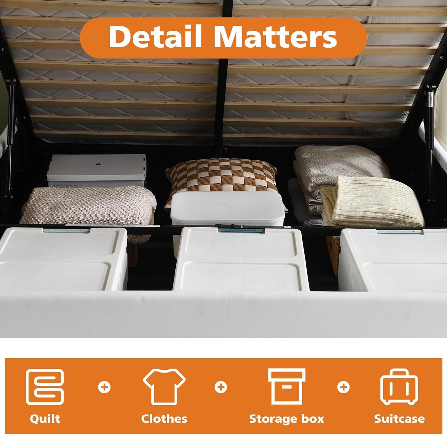 VELOCAVA Hydraulic Lift Storage Bed Frame, White Linen-Look Upholstered Platform Bed with Vertical Panel Headboard, Hidden Under-Bed Storage, No Box Spring Needed