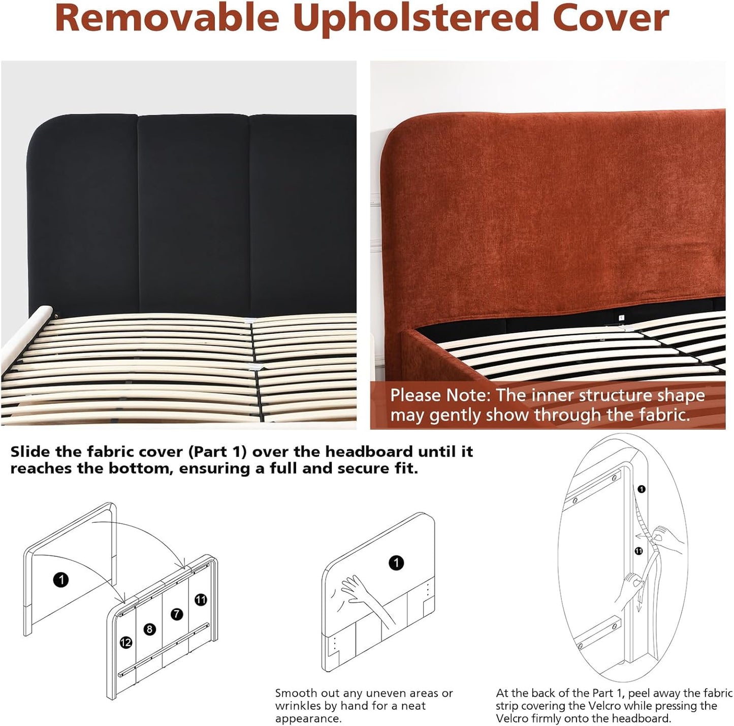 VELOCAVA Upholstered Platform Bed Frame with Curved Headboard and Cylindrical Legs, Rounded Corners Design, Sturdy 30-Slat Support, Easy Assembly, Linen-Blend Fabric, Burnt Terracotta