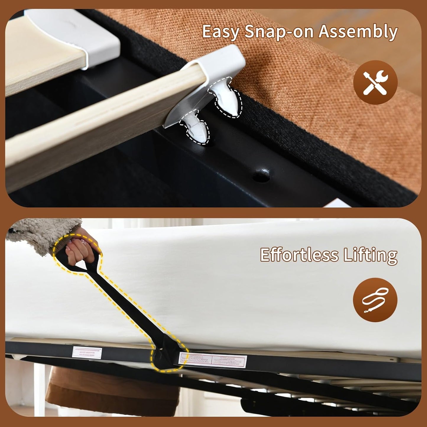 Lift Up Storage Bed, Upholstered Platform Bed Frame with Storage Underneath, 51.6'' Tall Vertical Channel Tufted Headboard, Linen-Textured, Hydraulic Support, No Box Spring Needed, Brown