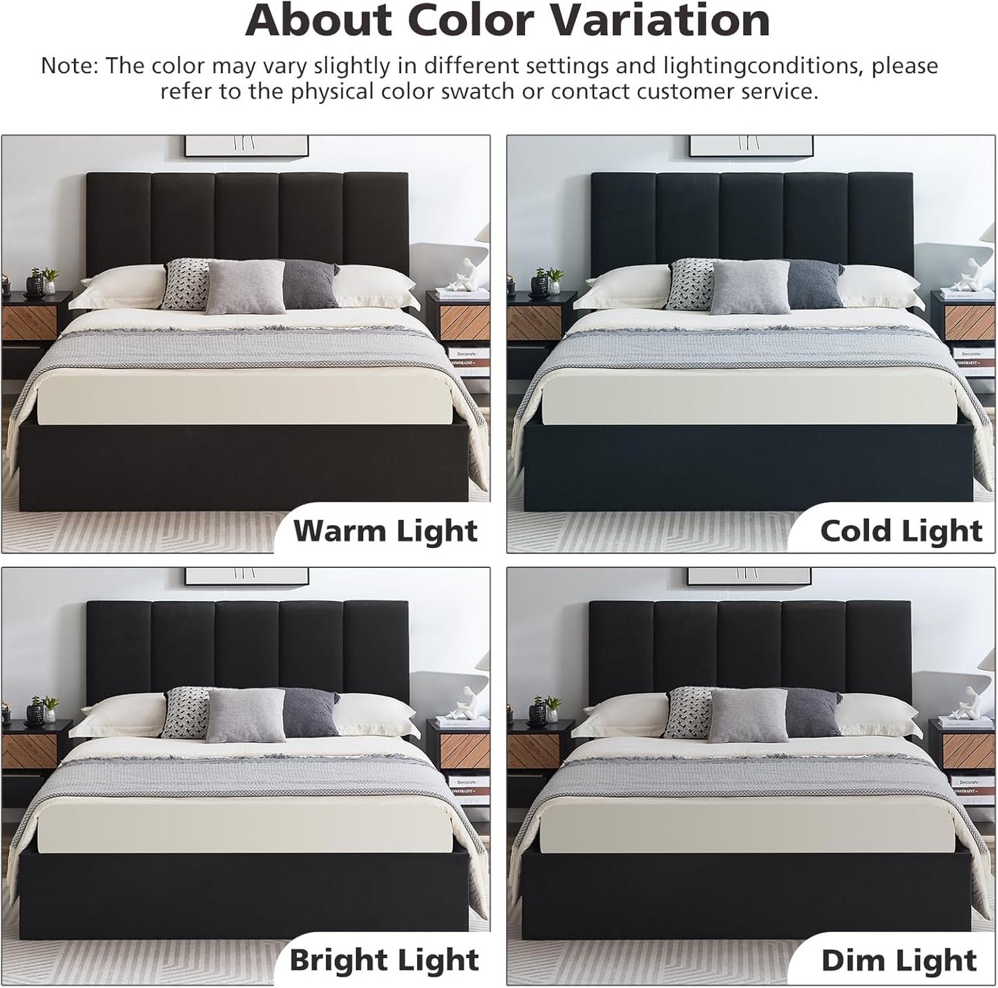 VELOCAVA Full Size Hydraulic Lift Storage Bed Frame, Black Linen-Look Upholstered Platform Bed with Vertical Panel Headboard, Hidden Under-Bed Storage, No Box Spring Needed