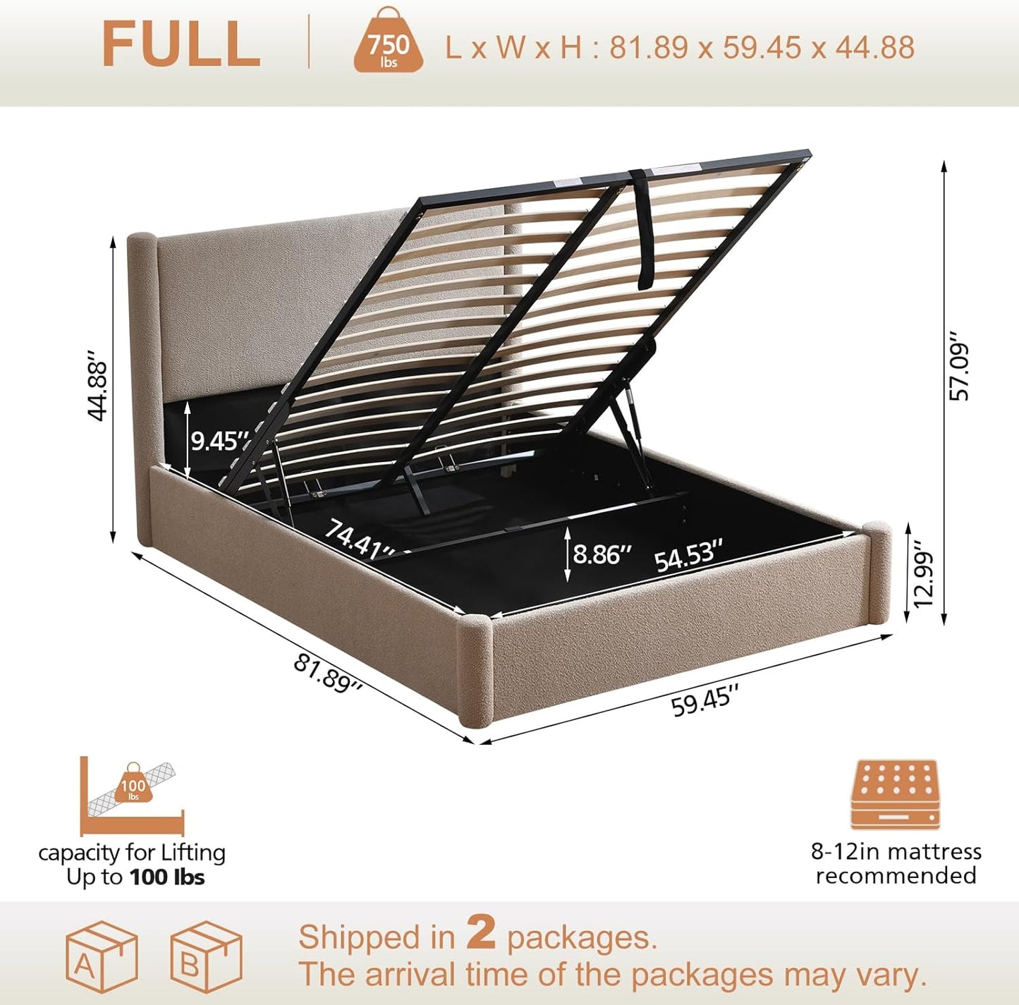 VELOCAVA Full Lift Up Storage Bed Frame, 44.88" Tall Upholstered Headboard, Soft Rounded Corner Design, Bouclé Texture Platform Bed with Hydraulic Storage, No Box Spring Needed, Soft Beige