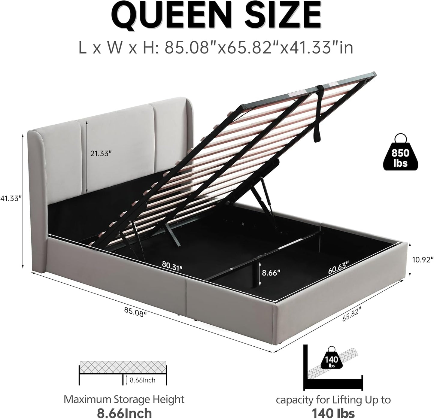 VELOCAVA Lift Up Storage Bed Frame, Velvet-Look Upholstered Bed with Modern Wingback Headboard, Gas Lift Mechanism, Space Saving Design, No Box Spring Needed, Light Gray