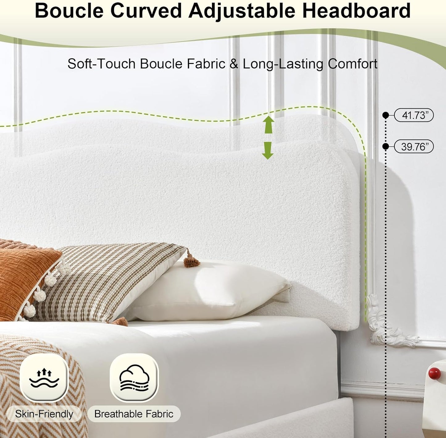 VELOCAVA Boucle Bed Frame with Curved Adjustable Headboard, Upholstered Cloud Platform Bed, Rounded Corners, Wooden Slats Support, No Box Spring Needed, Easy Assembly, Cream White