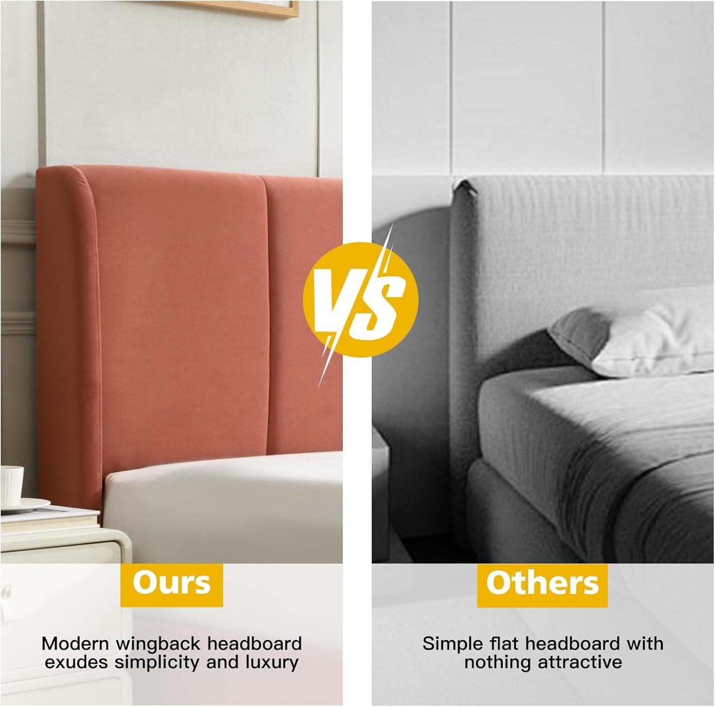VELOCAVA Lift Up Storage Bed Frame, Velvet-Look Upholstered Bed with Modern Wing back Headboard, Gas Lift Mechanism, Space Saving Design, No Box Spring Needed, Terracotta