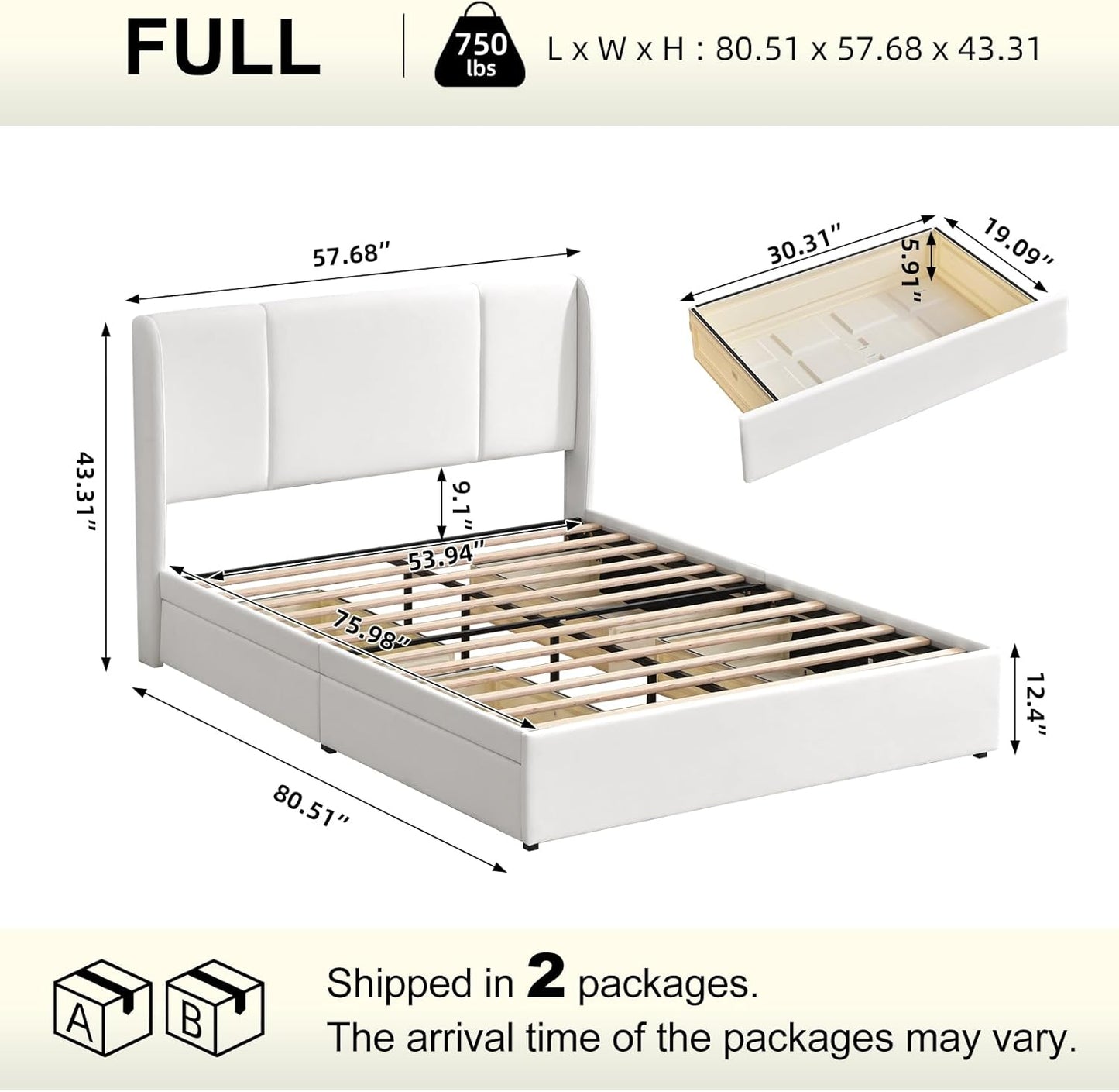 VELOCAVA Full Size Upholstered Bed Frame with 4 Storage Drawers, Modern Velvet-Like Platform Bed with Wingback Headboard, Sturdy Wood Slats,No Box Spring Needed, White