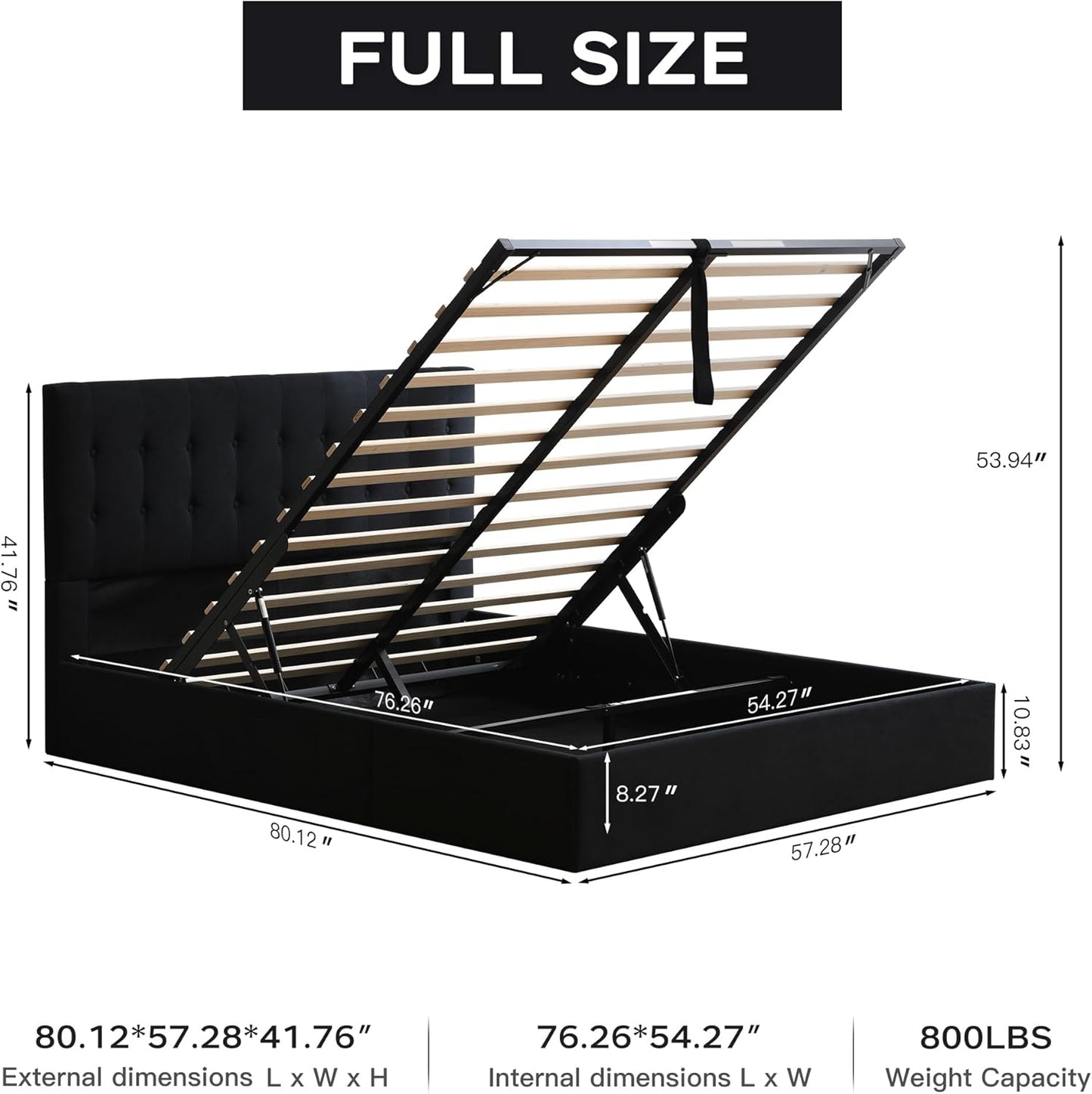 VELOCAVA Lift-Up Storage Bed, Black Linen-Textured Upholstered Platform Frame with Hydraulic Under-Bed Storage, Button-Tufted Headboard, Sturdy Wooden Slats, No Box Spring Needed