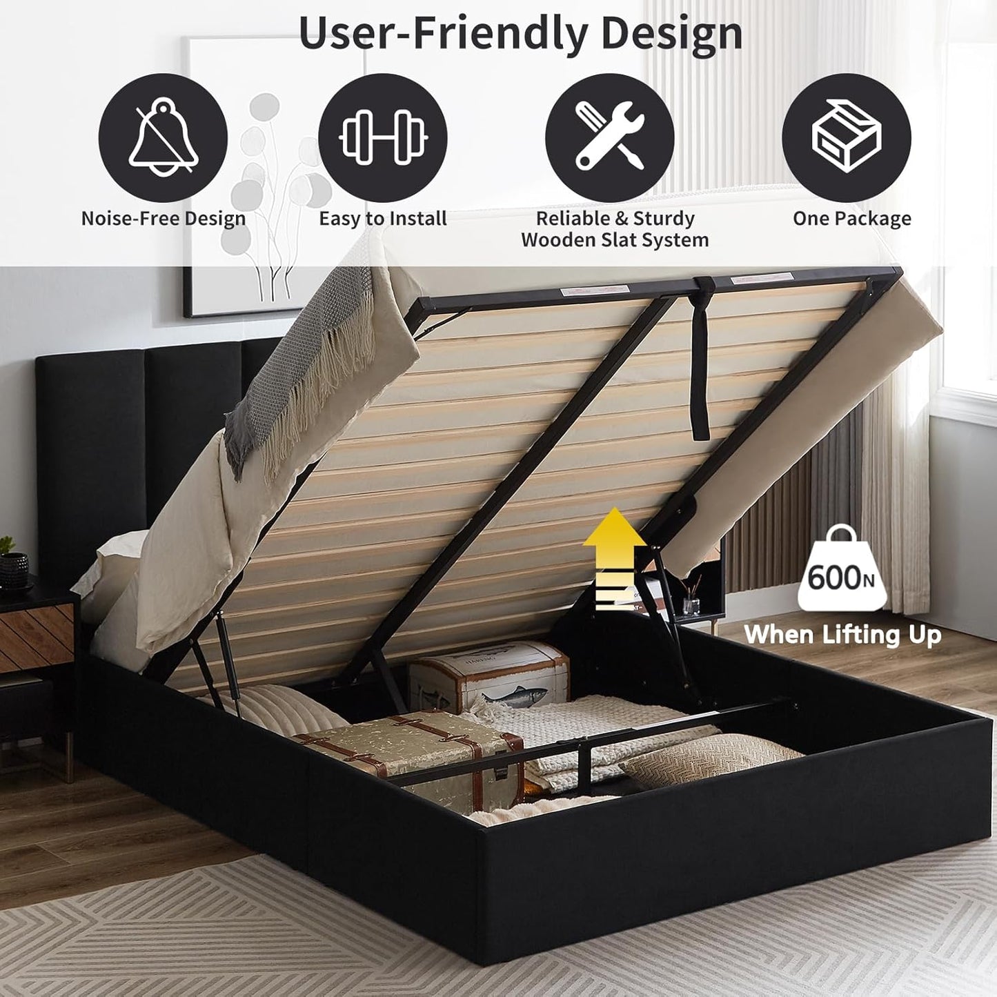 VELOCAVA Full Size Hydraulic Lift Storage Bed Frame, Black Linen-Look Upholstered Platform Bed with Vertical Panel Headboard, Hidden Under-Bed Storage, No Box Spring Needed