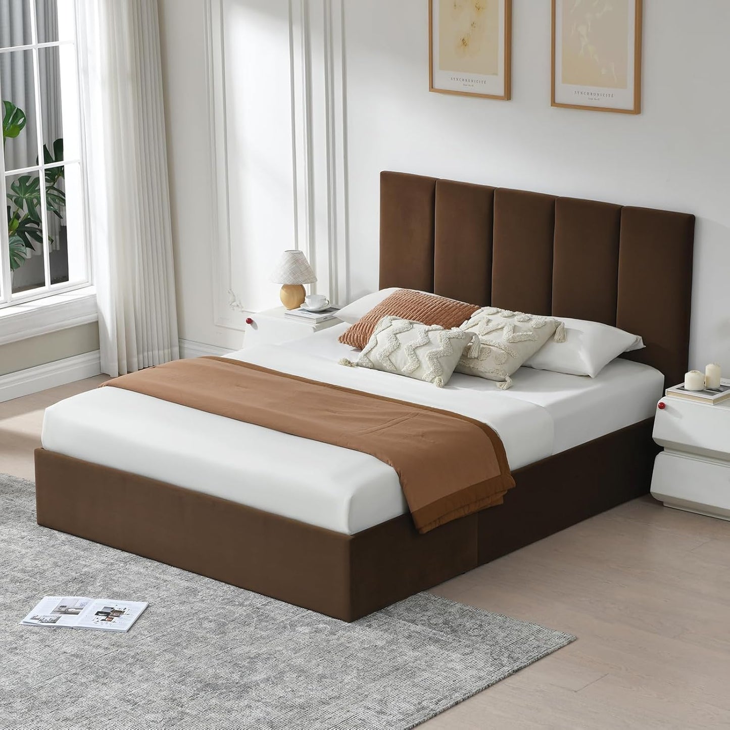 VELOCAVA Lift-Up Storage Bed, Modern Platform Bed with Vertical Panel Headboard, Hydraulic Gas Lift Storage, No Box Spring Needed, Easy Assembly, Velvet-Like Fabric, Brown
