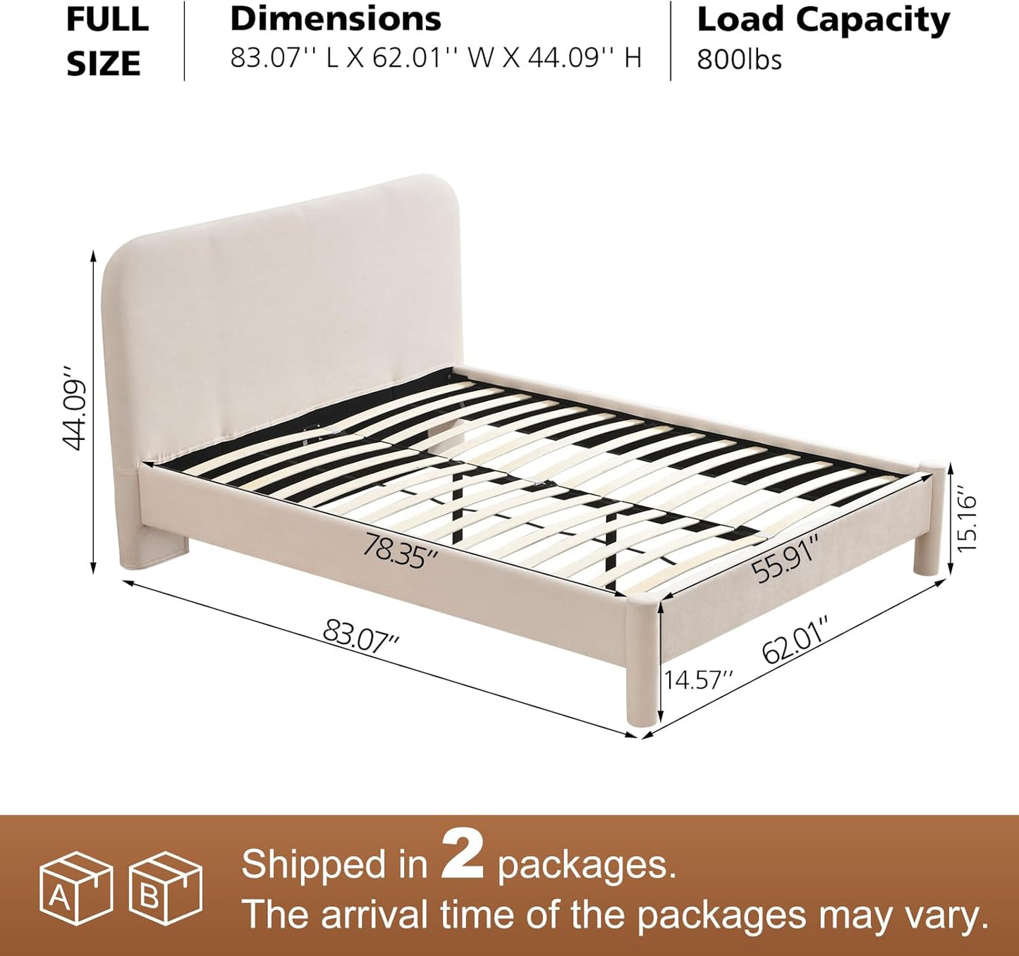 VELOCAVA Upholstered Platform Bed Frame with Curved Headboard and Cylindrical Legs, Rounded Corners Design, Sturdy 30-Slat Support, No Box Spring Required, Linen-Blend Fabric, Beige