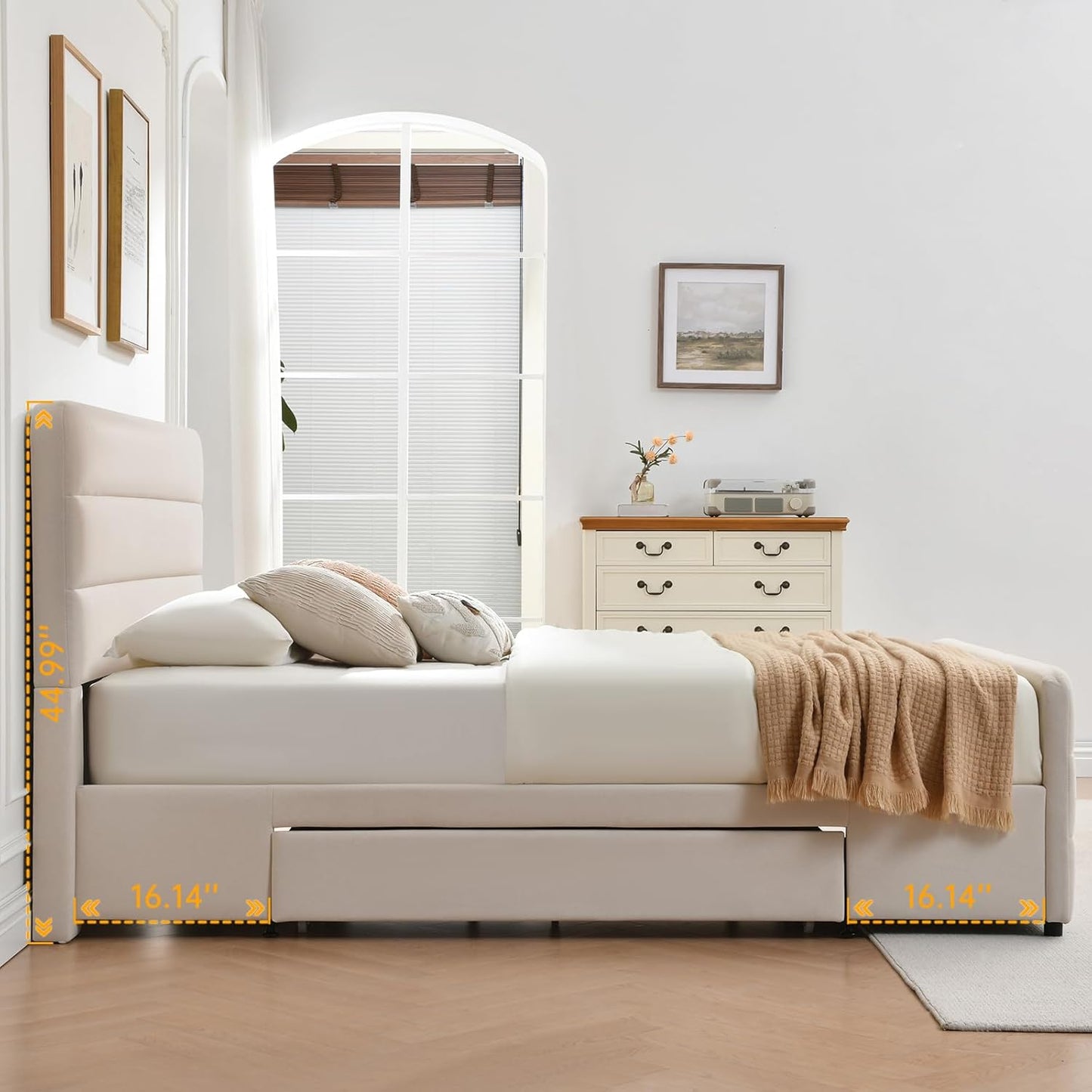 VELOCAVA Upholstered Platform Bed with Tall Headboard and Footboard, 2 Side Storage Drawers, Modern Beige Fabric Bed Frame, No Box Spring Needed, Slatted Base Support, Easy Assembly