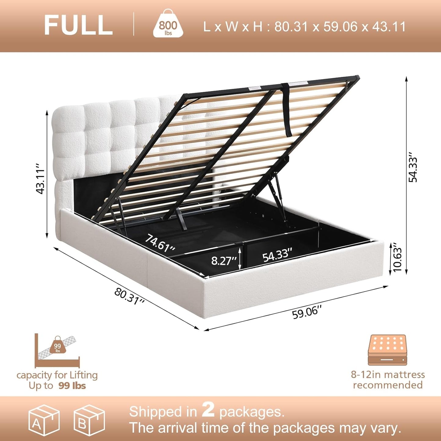 VELOCAVA Lift-Up Storage Bed, Upholstered Platform Bed with Soft Tufted Headboard, Bouclé-Textured Fabric, No Box Spring Needed, Cream White