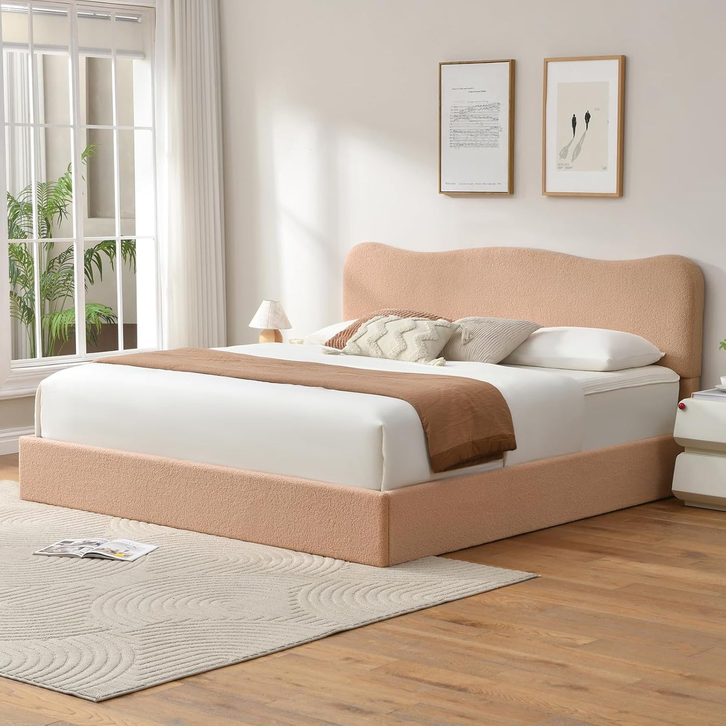 VELOCAVA King Size Boucle Upholstered Platform Bed with Lift-Up Storage, Soft Bed with Curved Headboard, Rounded Corners, Sturdy Wooden Slat Support, No Box Spring Needed, Blush Pink-Beige