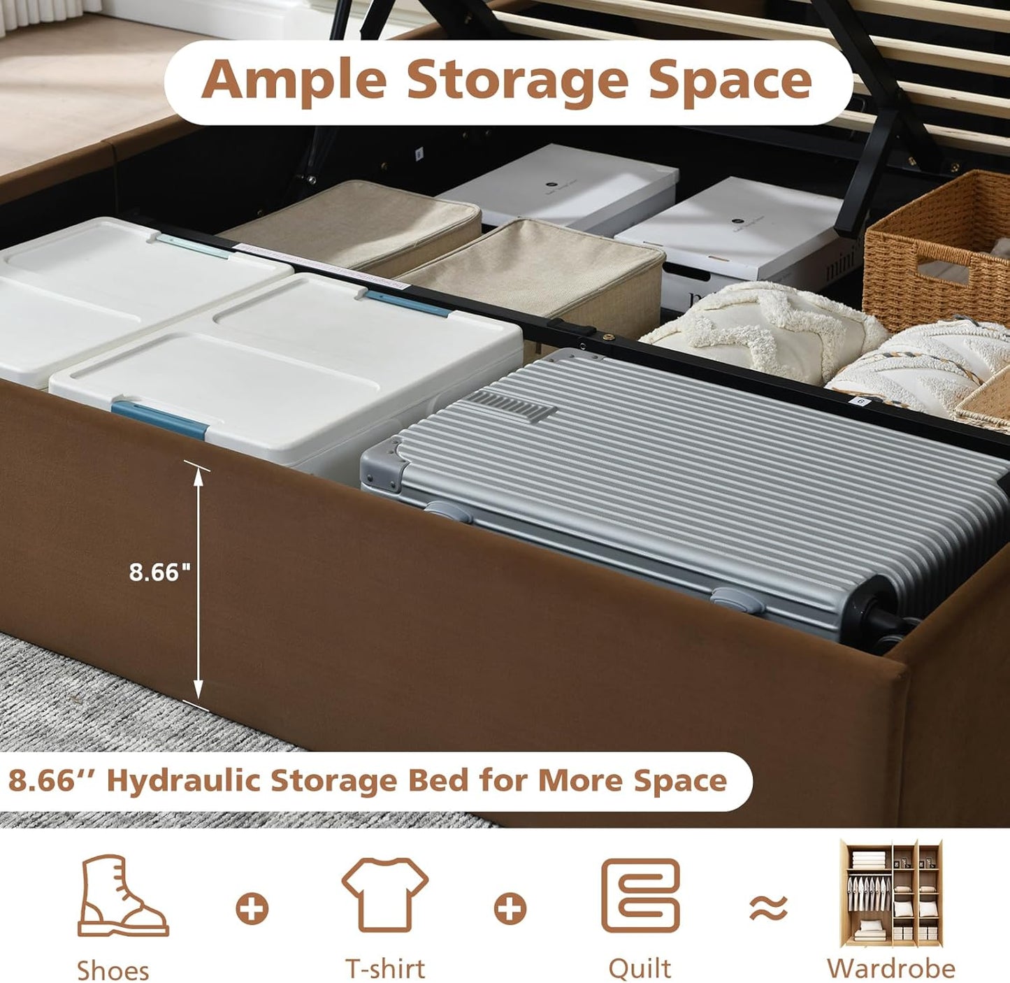 VELOCAVA Lift-Up Storage Bed, Modern Platform Bed with Vertical Panel Headboard, Hydraulic Gas Lift Storage, No Box Spring Needed, Easy Assembly, Velvet-Like Fabric, Brown