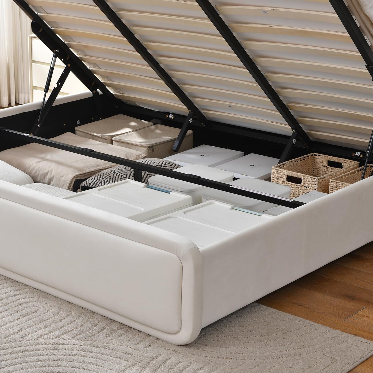 VELOCAVA Lift Up Storage Bed, Velvet-Look Upholstered Platform Bed Frame with 57" Tall Headboard, Linear Design, Hydraulic Storage, No Box Spring Needed, Cream White