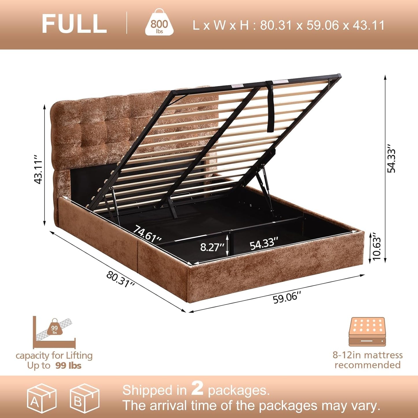 VELOCAVA Lift-Up Storage Bed, Upholstered Platform Bed with Soft Tufted Headboard, Plush Velvet Fabric, No Box Spring Needed, Camel Brown
