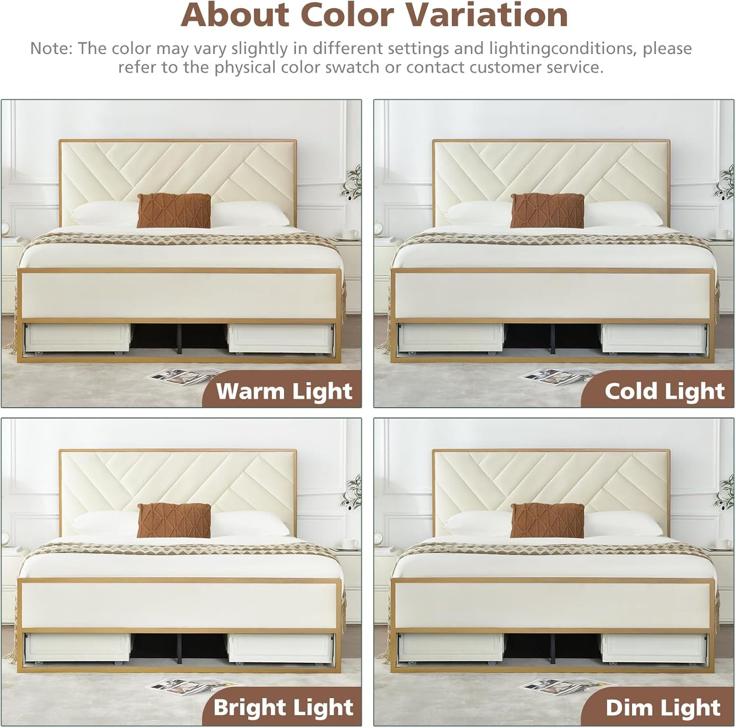 VELOCAVA Metal Upholstered Bed with 4 Storage Drawers, Velvet Platform Storage Bedframe with Headboard, Wooden Slats Support, No Box Spring Needed, Cream