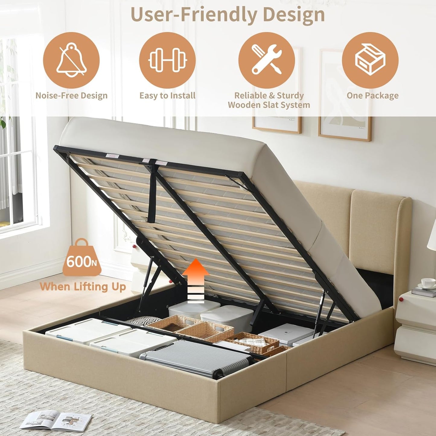 VELOCAVA Lift Up Storage Bed Frame, Linen-Look Upholstered Bed with Modern Wingback Headboard, Gas Lift Mechanism, Space Saving Design, No Box Spring Needed, Beige