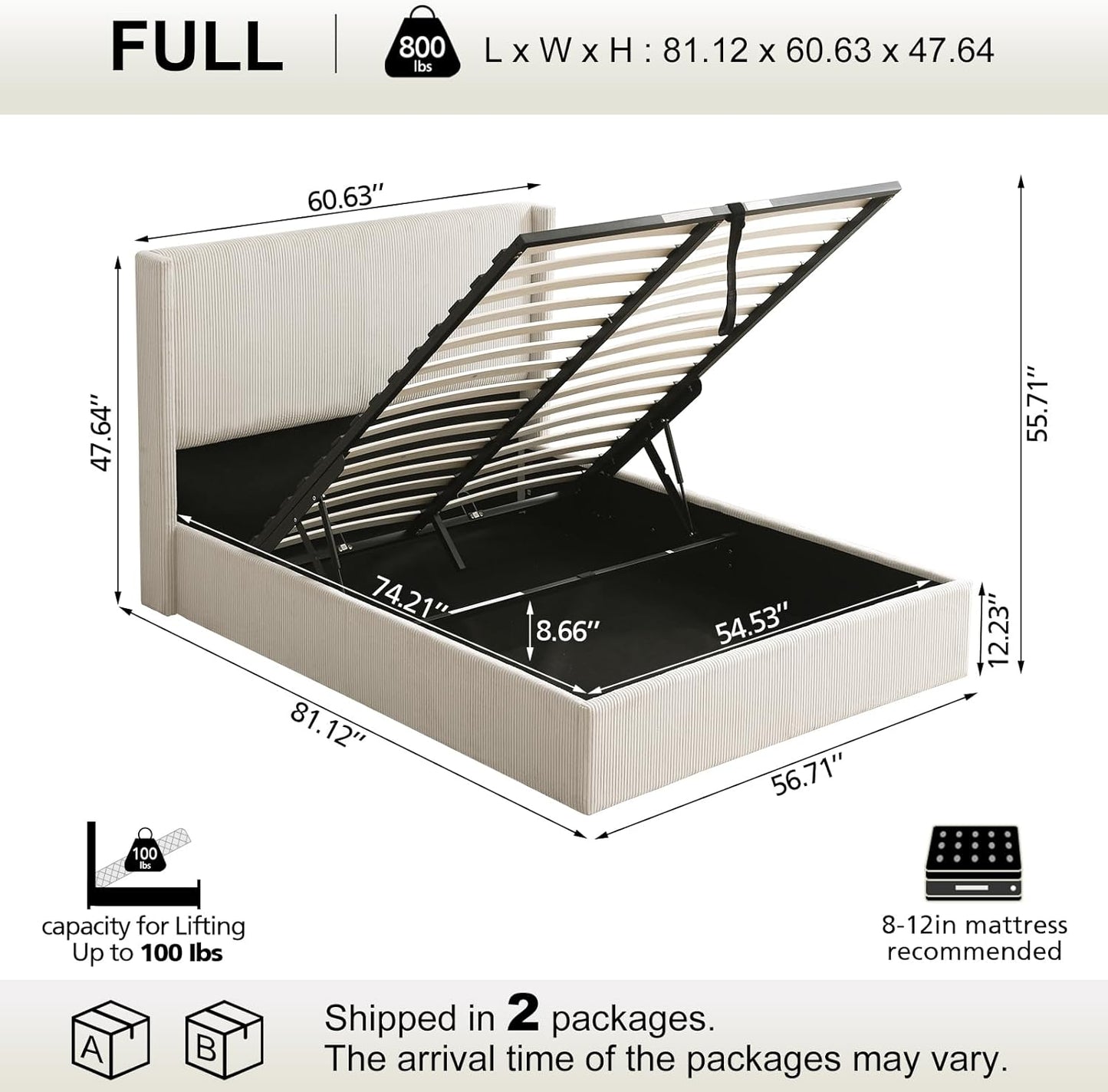 VELOCAVA Lift-Up Storage Bed, Modern Upholstered Corduroy White Bed with Wingback Headboard, Hydraulic Lift Platform, Sturdy Wooden Slat Support, No Box Spring Needed, Easy Assembly