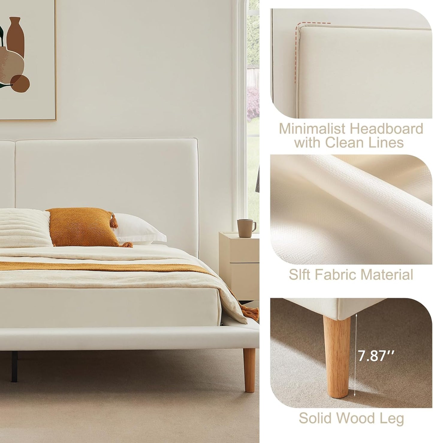 VELOCAVA Platform Bed Frame with 5.9" Wide Side Rails, Beige Upholstered Bed with Headboard, Low Profile Scandinavian Style, 7.9" Underbed Storage, No Box Spring Needed