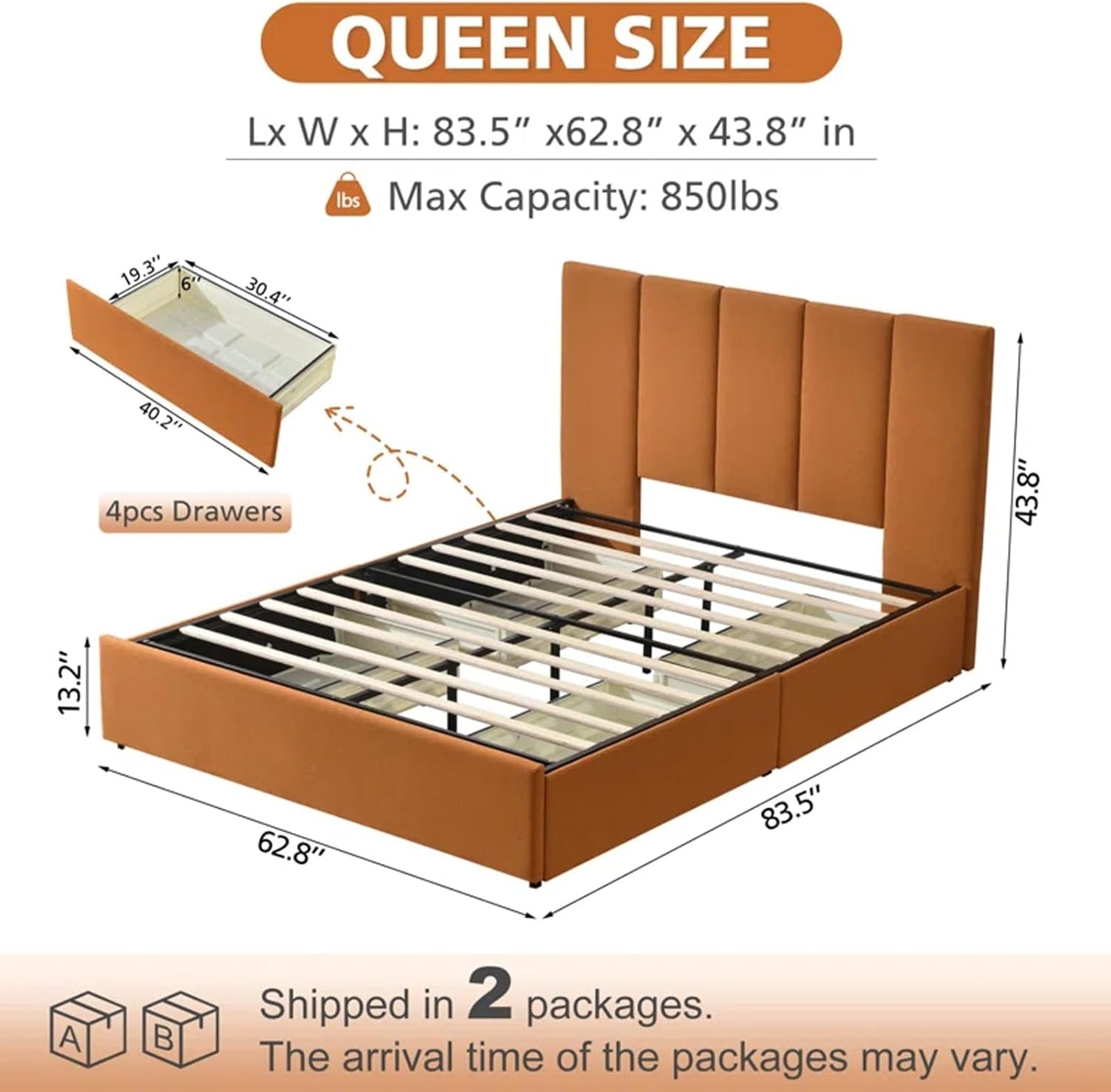 VELOCAVA Upholstered Storage Bed Frame with 4 Drawers, Modern Linen Platform Bed with Vertical Channel Headboard, Sturdy Wood Slats, Under Bed Storage, No Box Spring Needed, Orange