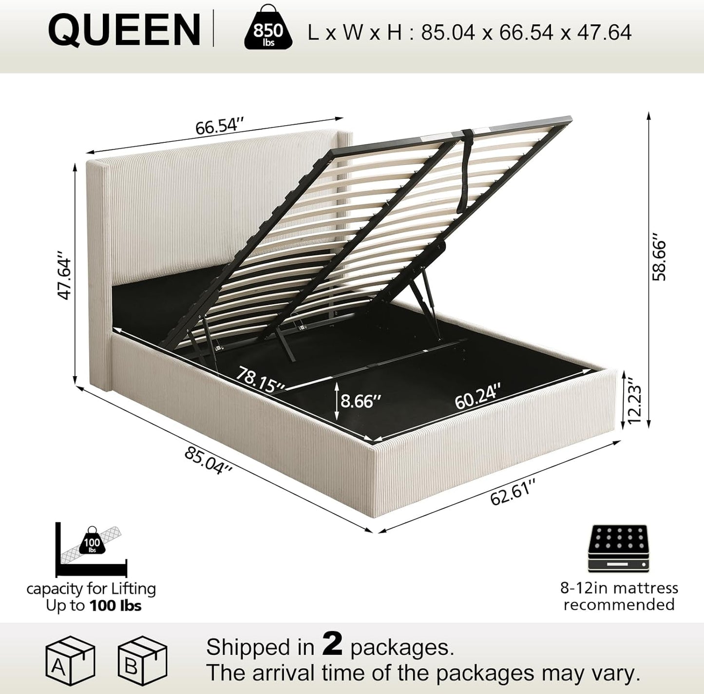 VELOCAVA Lift-Up Storage Bed, Modern Upholstered Corduroy White Bed with Wingback Headboard, Hydraulic Lift Platform, Sturdy Wooden Slat Support, No Box Spring Needed, Easy Assembly