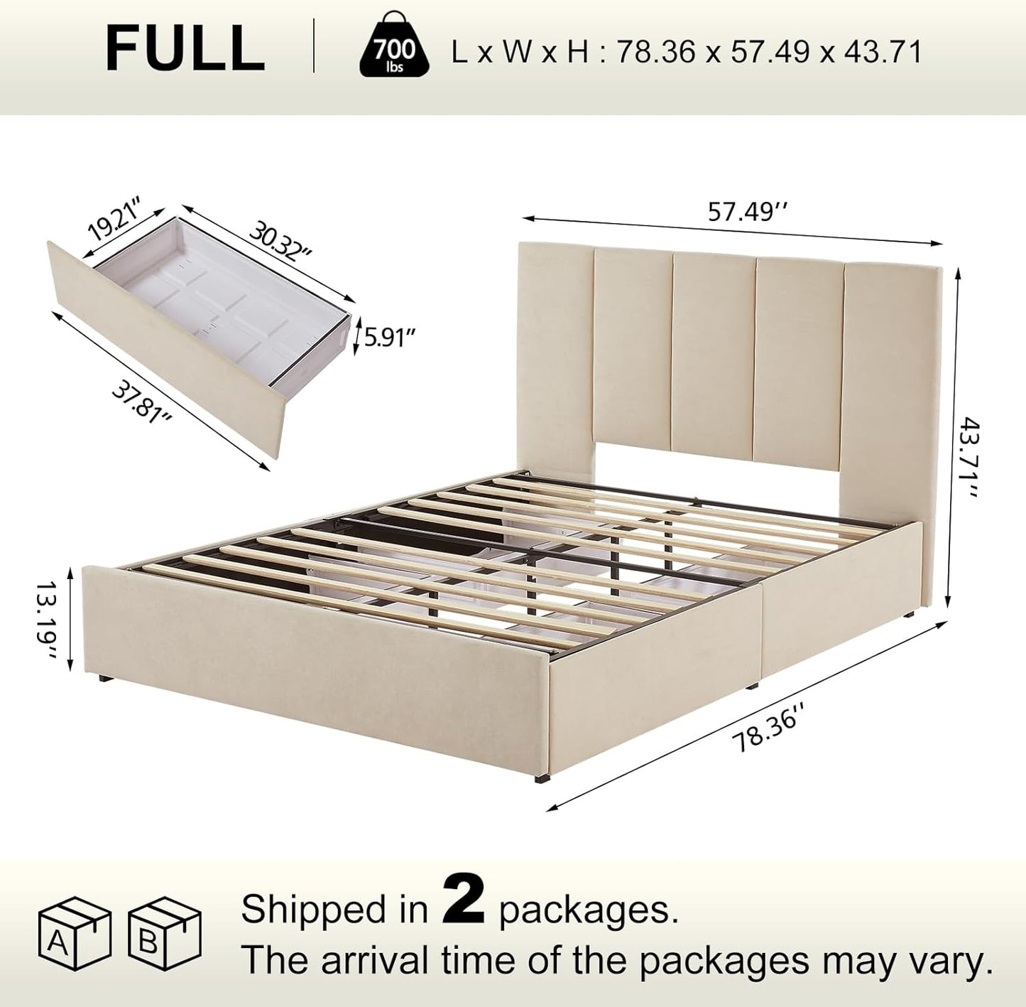 VELOCAVA Upholstered Bed with 4 Storage Drawers, Modern Linen Platform Bed Frame with Vertical Channel Headboard, Sturdy Wood Slats, Space-Saving Design, No Box Spring Needed, Beige