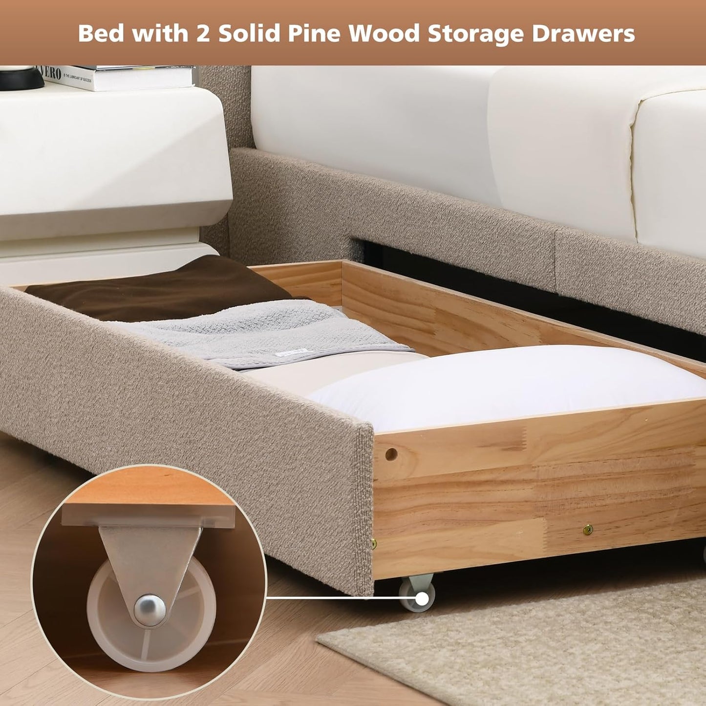 VELOCAVA Upholstered Bed Frame with 51.77" Tall Headboard and Soft Rounded Corners, Side Storage Drawers, 12-Slat Support, No Box Spring Needed, Bouclé Texture, Beige