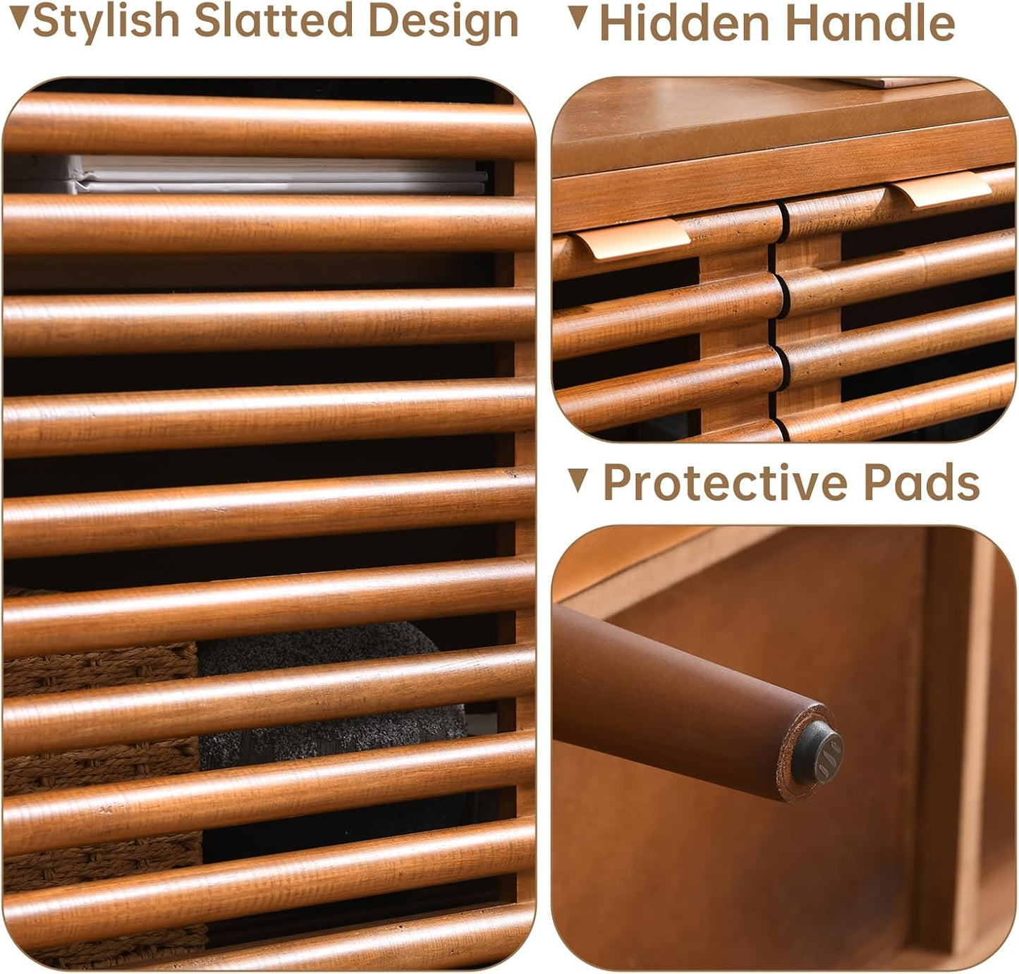 46" Mid-Century Modern Sideboard, Brown Storage Cabinet with Slatted Doors and Adjustable Shelves, 3-Door Buffet Cabinet for Dining Room, Entryway, or Living Room, Walnut Finish