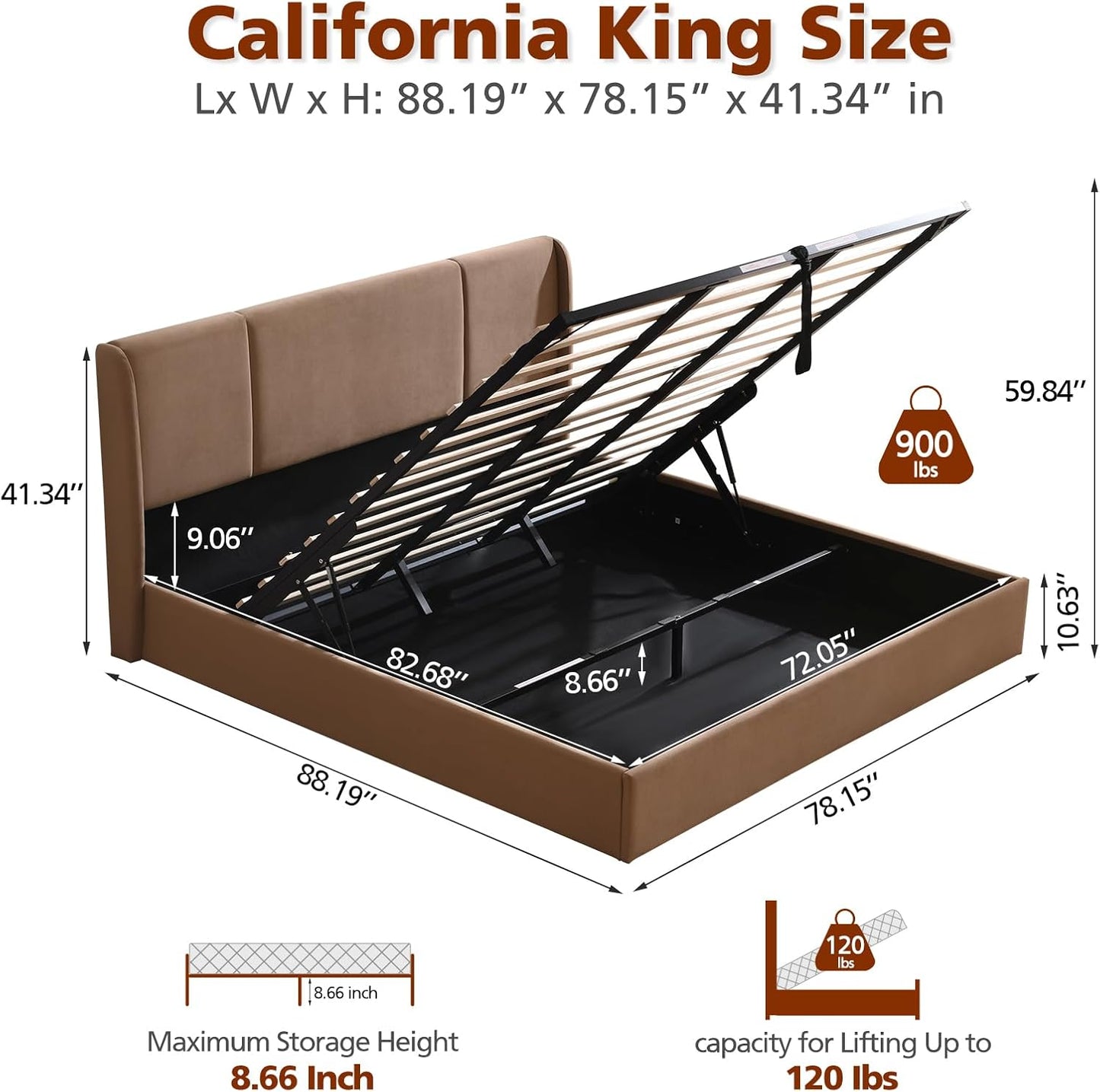 VELOCAVA Lift Up Storage Bed Frame, Velvet-Look Upholstered Bed with Modern Wing back Headboard, Hydraulic Lift Storage, Wood Slat Support, No Box Spring Needed, Brown