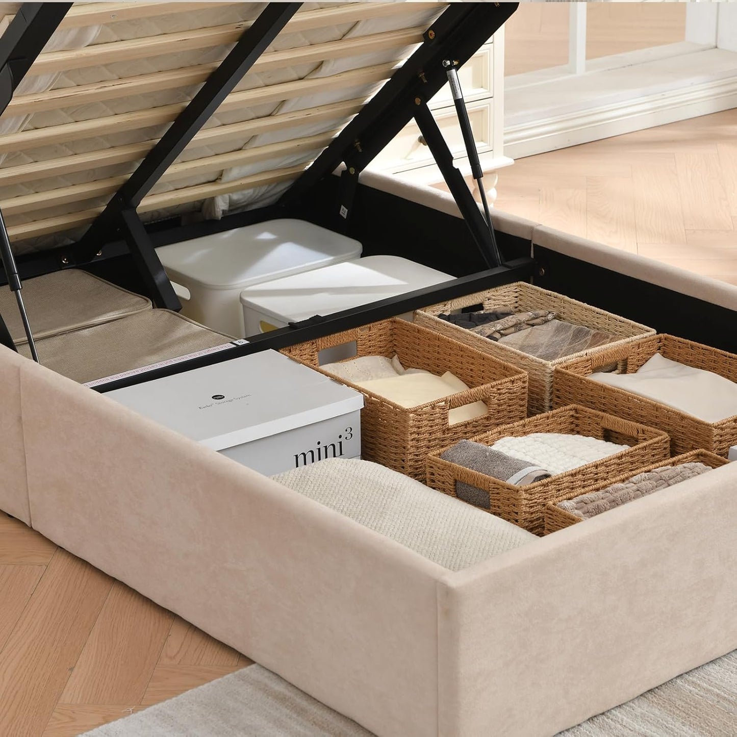 VELOCAVA Size Lift-Up Storage Bed Frame with Button-Tufted Headboard, Gas Lift Platform, Spacious Under-Bed Storage, Wooden Slats, No Box Spring Needed, Light Khaki Linen-Look