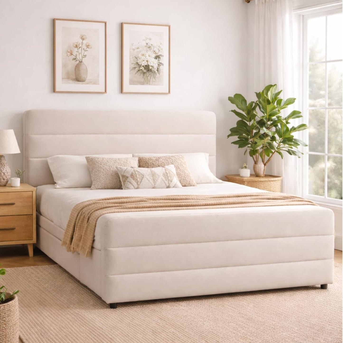 VELOCAVA Upholstered Platform Bed with Tall Headboard and Footboard, 2 Side Storage Drawers, Modern Beige Fabric Bed Frame, No Box Spring Needed, Slatted Base Support, Easy Assembly