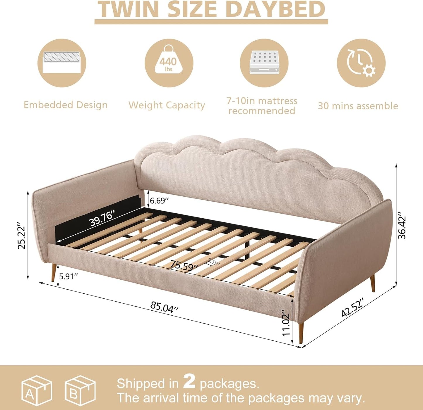 VELOCAVA Twin Size Upholstered Daybed with Cloud-Shaped Backrest, Modern Linen Sofa Bed with Metal Legs, Wood Slat Support for Bedroom, Living Room, Guest Room, Beige White
