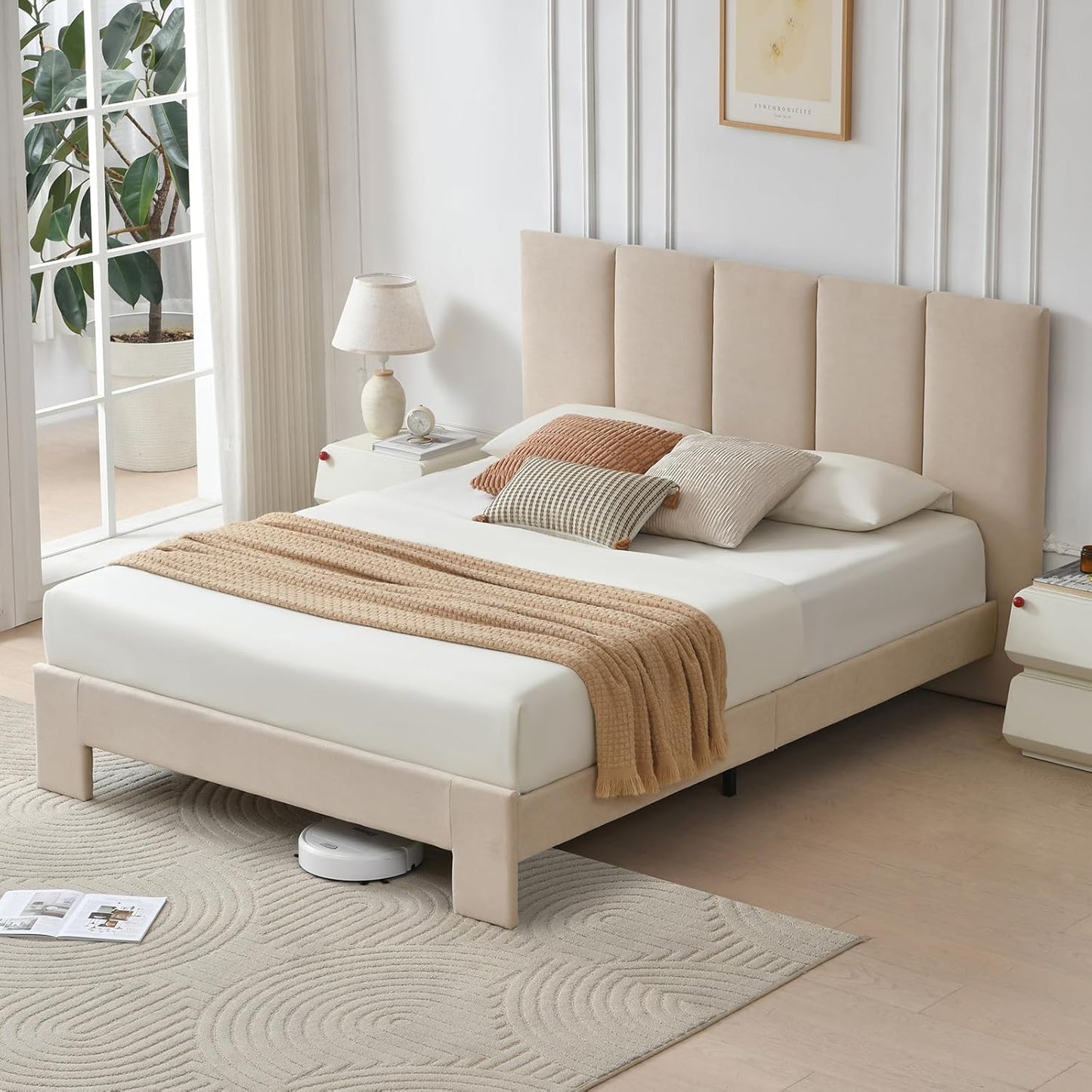 VELOCAVA Upholstered Platform Bed Frame with Vertical Panel Headboard &amp; 6" Upholstered Block Legs, 11 Wood Slats and 5 Support Legs, No Box Spring Needed, Linen-Look Fabric, Beige