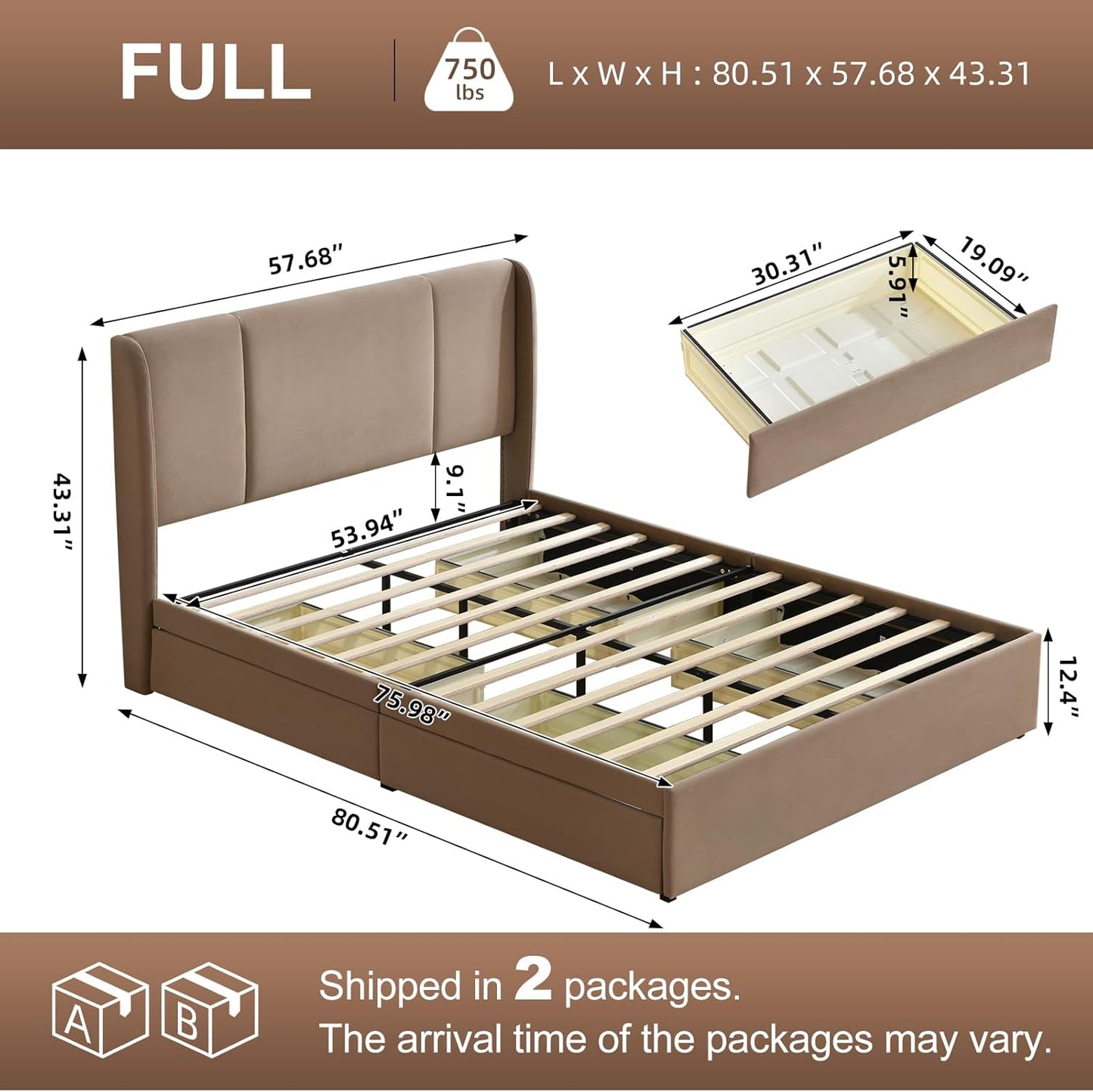 VELOCAVA Upholstered Bed Frame with 4 Storage Drawers, Modern Velvet-Like Platform Bed with Wingback Headboard, Sturdy Wood Slats,No Box Spring Needed, Brown