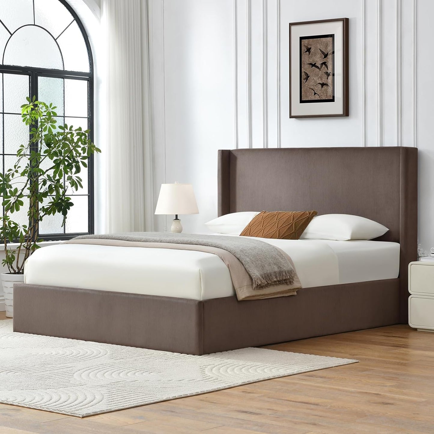 VELOCAVA Lift-Up Storage Bed, Modern Upholstered Corduroy Coffee Bed with Wingback Headboard, Hydraulic Lift Platform, Sturdy Wooden Slat Support, No Box Spring Needed, Easy Assembly