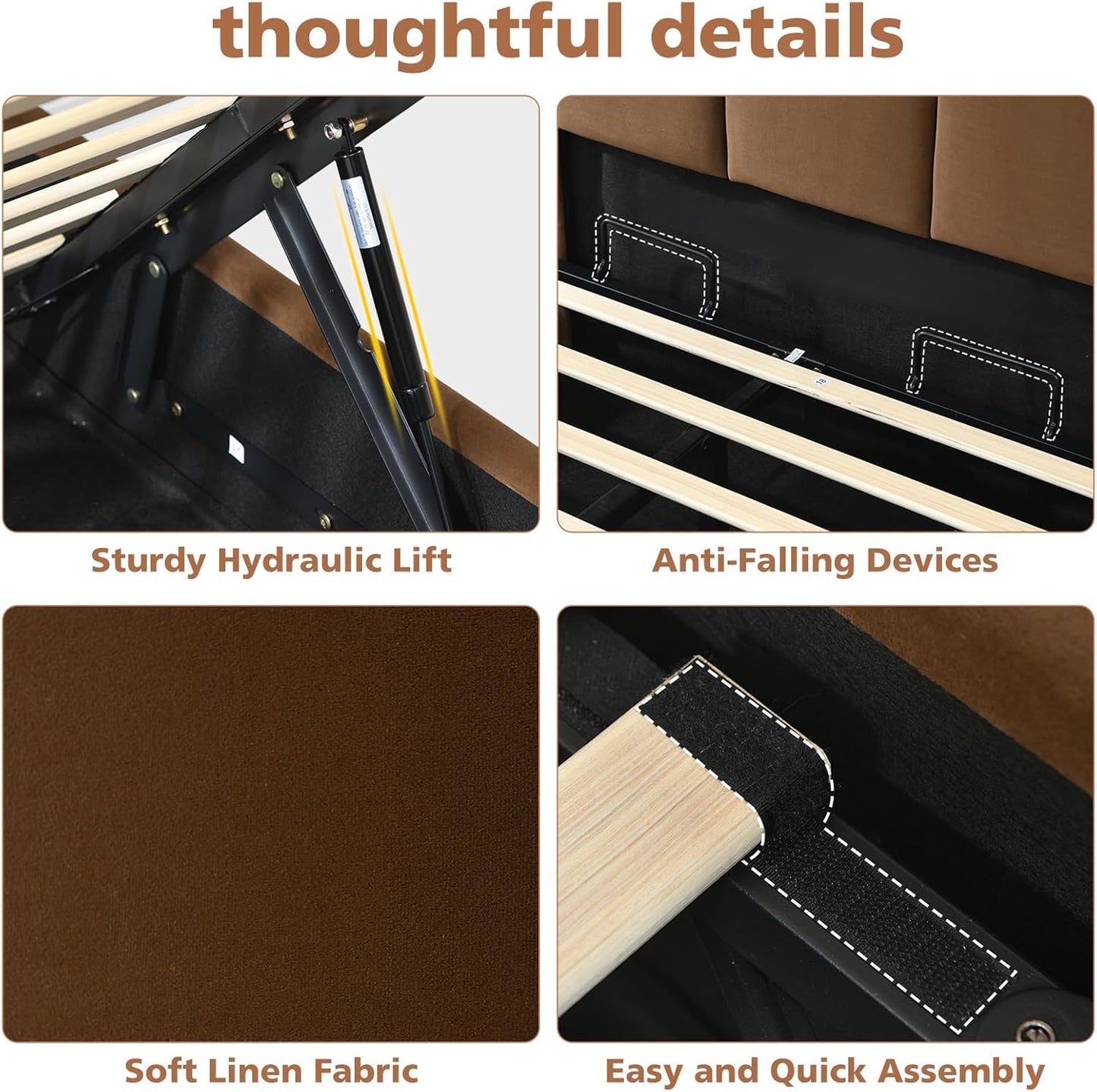 VELOCAVA Lift-Up Storage Bed, Modern Platform Bed with Vertical Panel Headboard, Hydraulic Gas Lift Storage, No Box Spring Needed, Easy Assembly, Velvet-Like Fabric, Brown