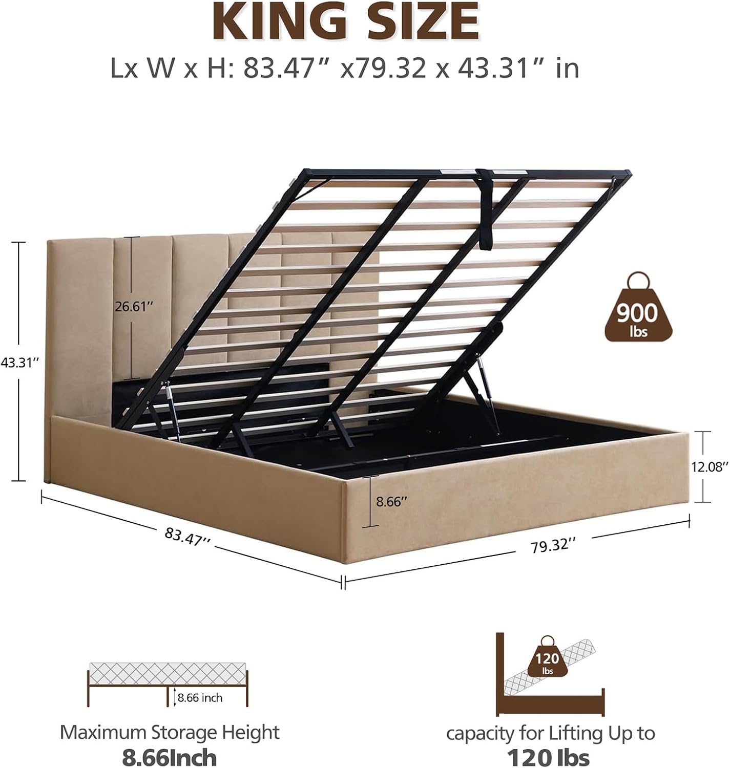 VELOCAVA Hydraulic Lift Storage Bed Frame, Beige Linen Upholstered Platform Bed with Vertical Panel Headboard, Hidden Under-Bed Storage, Wooden Slat Support, No Box Spring Needed