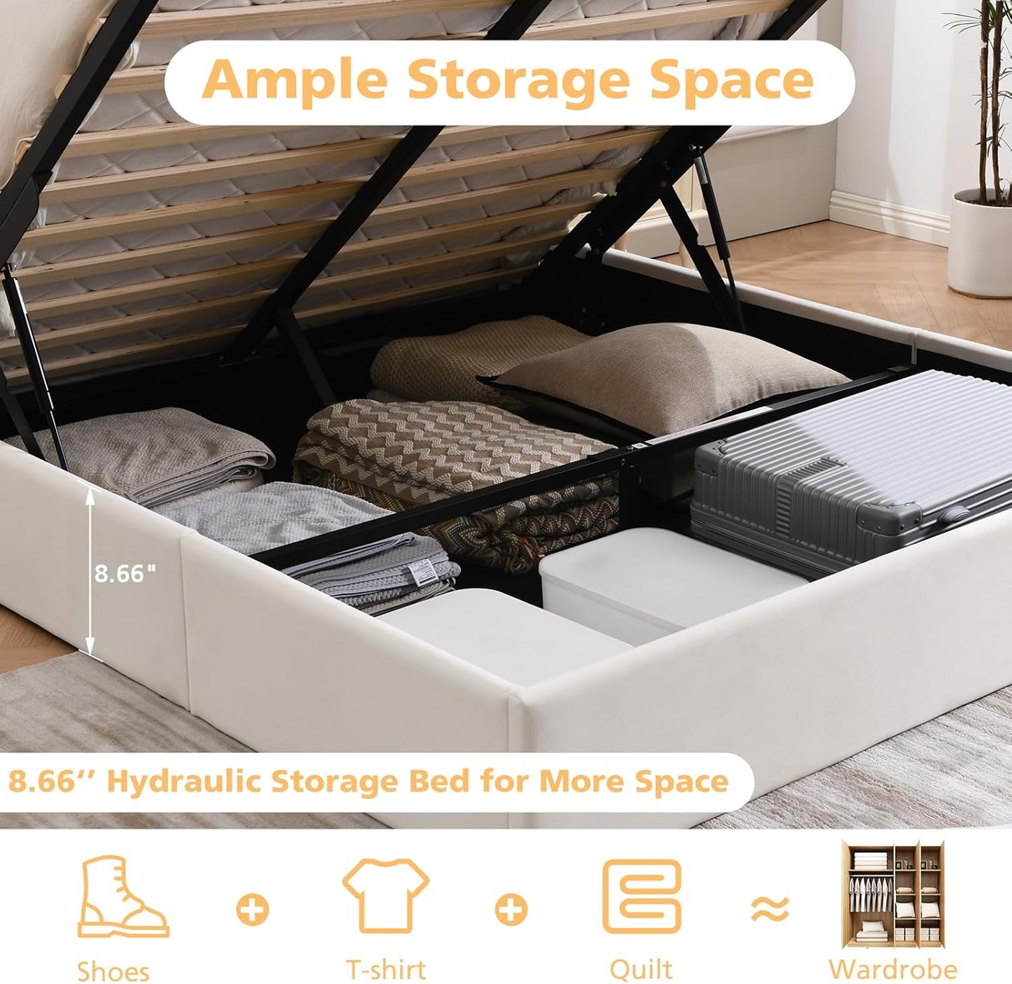 VELOCAVA Lift Up Storage Bed Frame, Velvet-Look Upholstered Bed with Modern Wingback Headboard, Gas Lift Storage, Space Saving Design, No Box Spring Needed, White