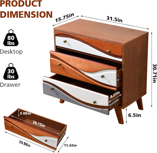 3-Drawer Dresser with Sculpted Wave Fronts, Tri-Color Drawer Design, Modern Chest of Drawers Storage Cabinet for Bedroom, Living Room, Hallway, or Office
