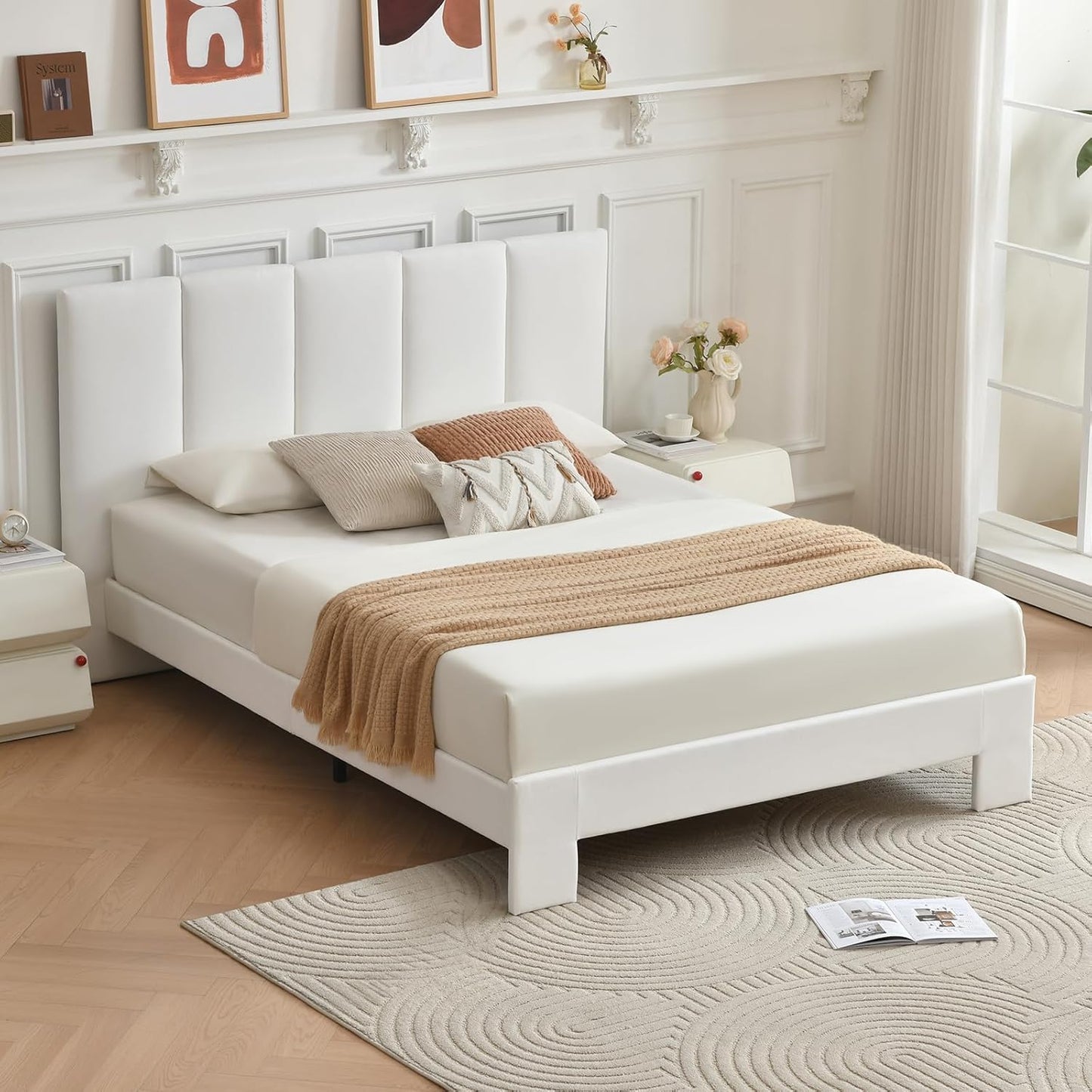 VELOCAVA Upholstered Platform Bed Frame with Vertical Panel Headboard &amp; 6" Upholstered Block Legs, 11 Wood Slats and 5 Support Legs, No Box Spring Needed, Linen-Look Fabric, White
