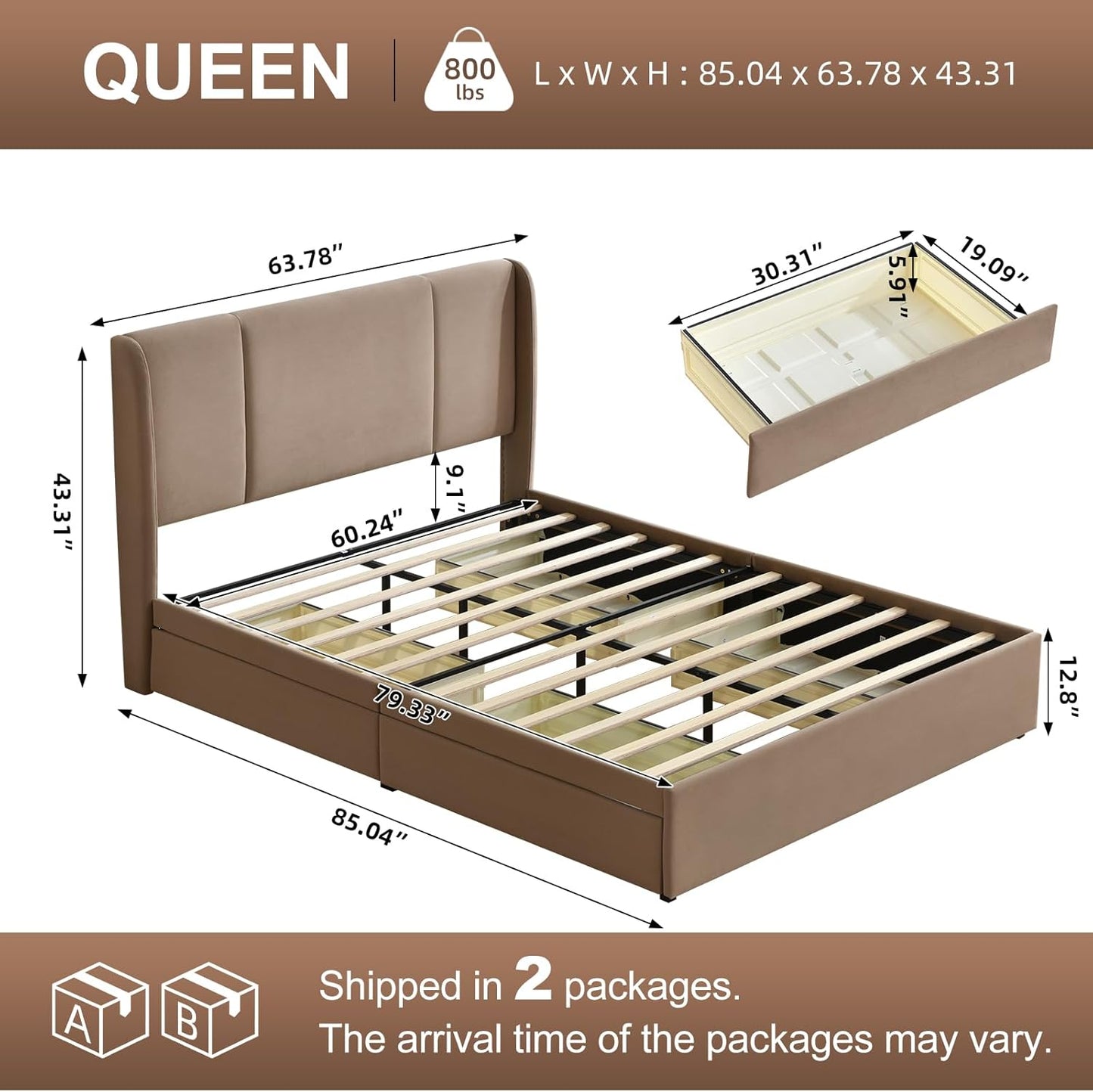VELOCAVA Upholstered Bed Frame with 4 Storage Drawers, Modern Velvet-Like Platform Bed with Wingback Headboard, Sturdy Wood Slats,No Box Spring Needed, Brown