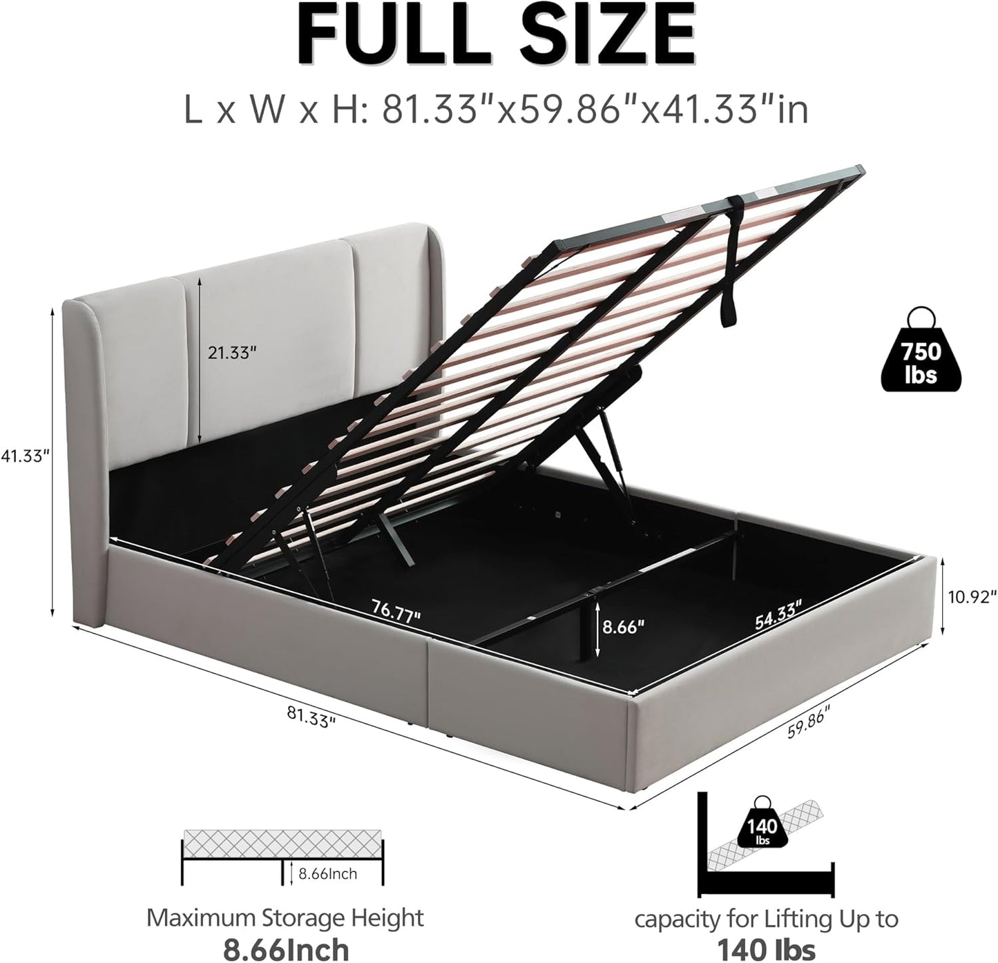 VELOCAVA Lift Up Storage Bed Frame, Velvet-Look Upholstered Bed with Modern Wingback Headboard, Gas Lift Mechanism, Space Saving Design, No Box Spring Needed, Light Gray