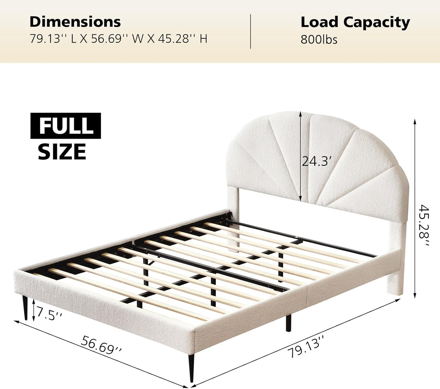 VELOCAVA White Boucle Bed with Seashell Headboard, Upholstered Platform Girls Bed with Soft Rounded Corners, Wooden Slats Support, No Box Spring Needed, Easy Assembly